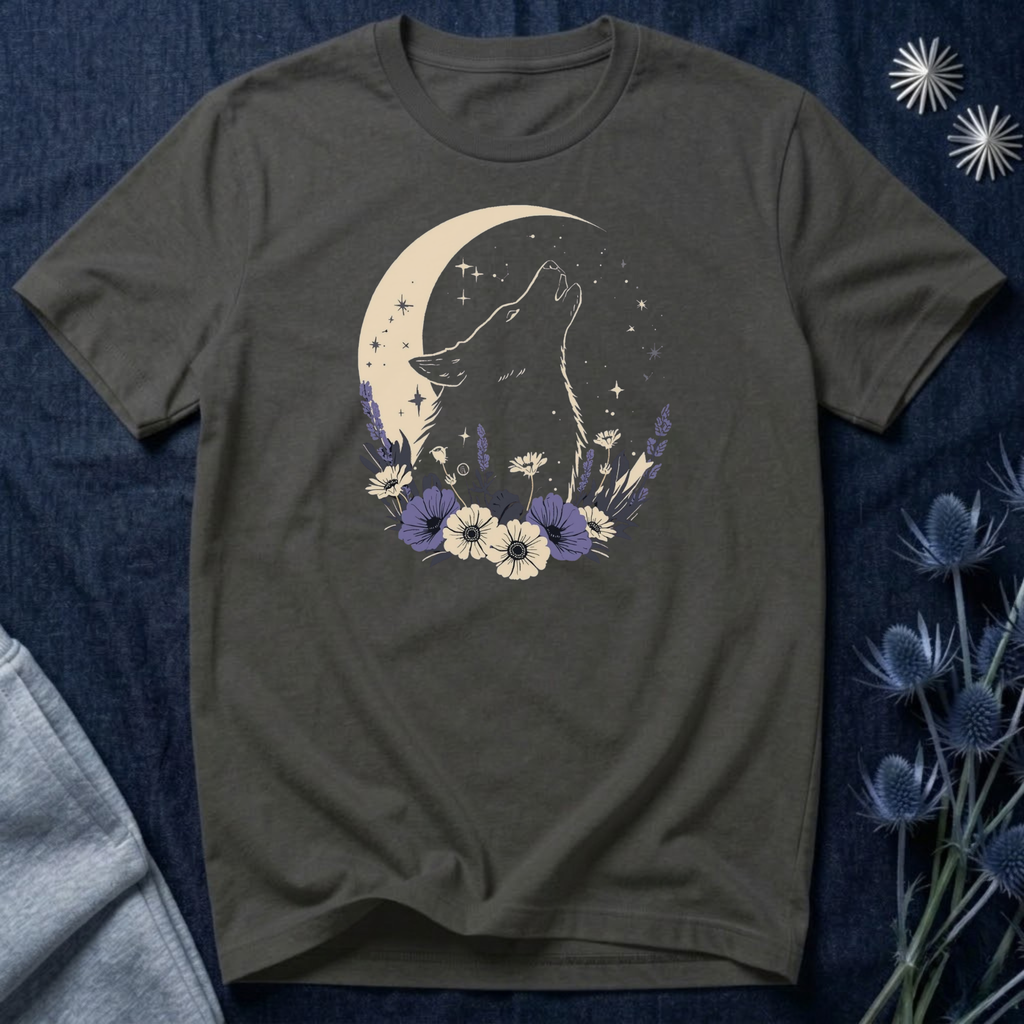 Moonlit Wolf Wildflower Graphic T-Shirt