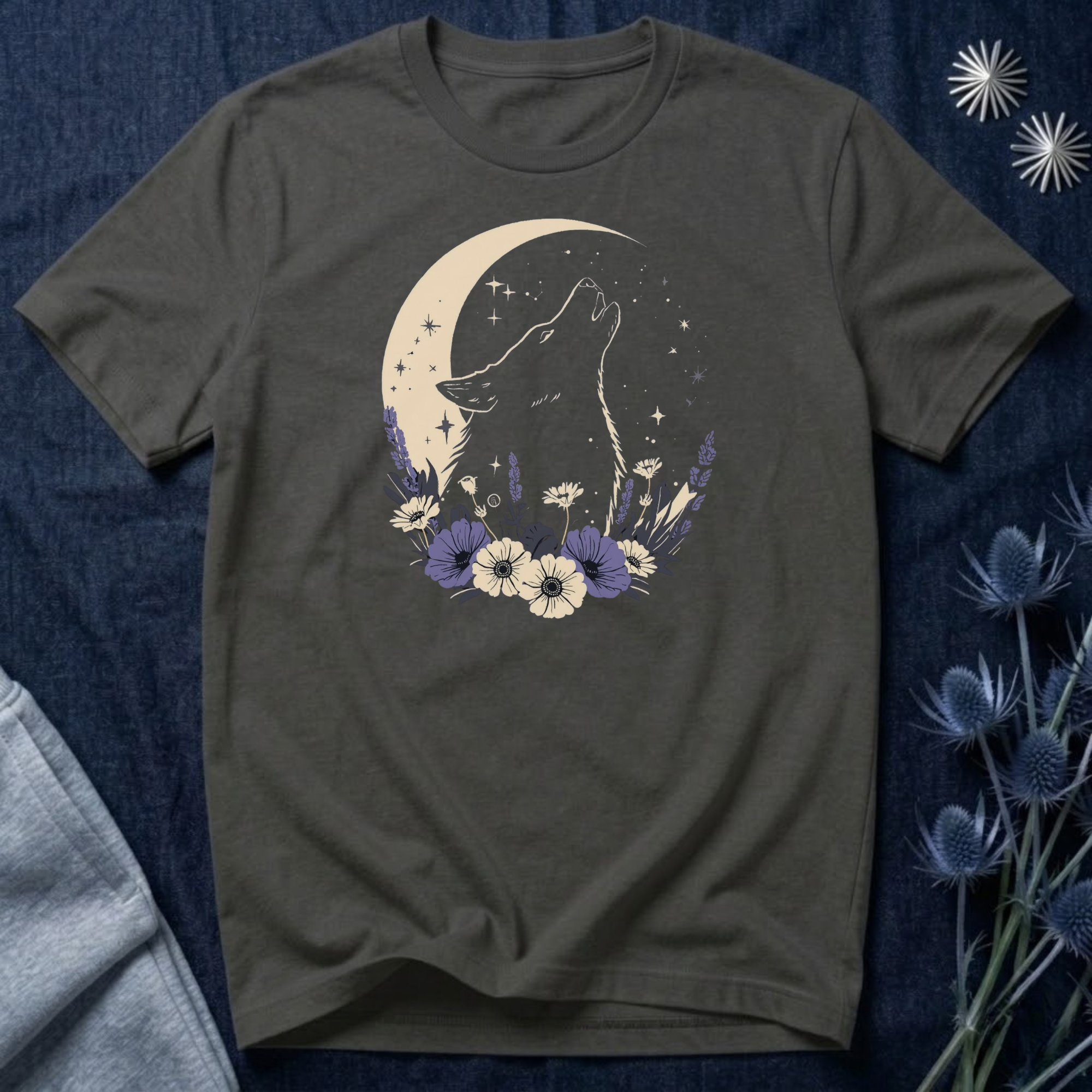 Moonlit Wolf Wildflower Graphic T-Shirt