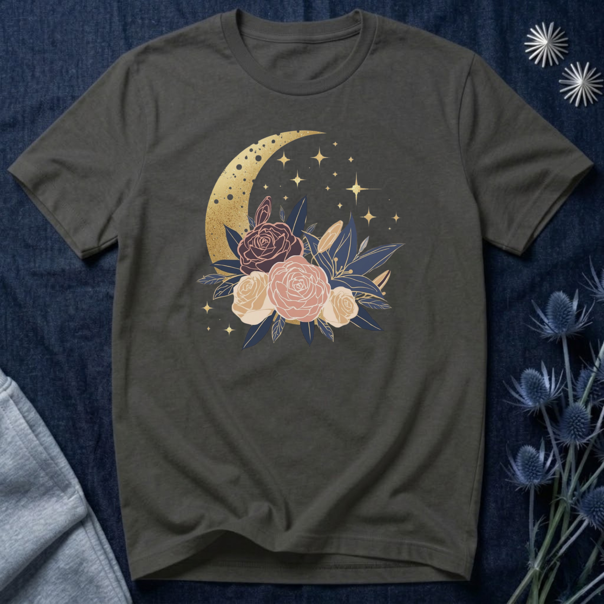 Golden Moon & Roses Celestial Graphic T-Shirt