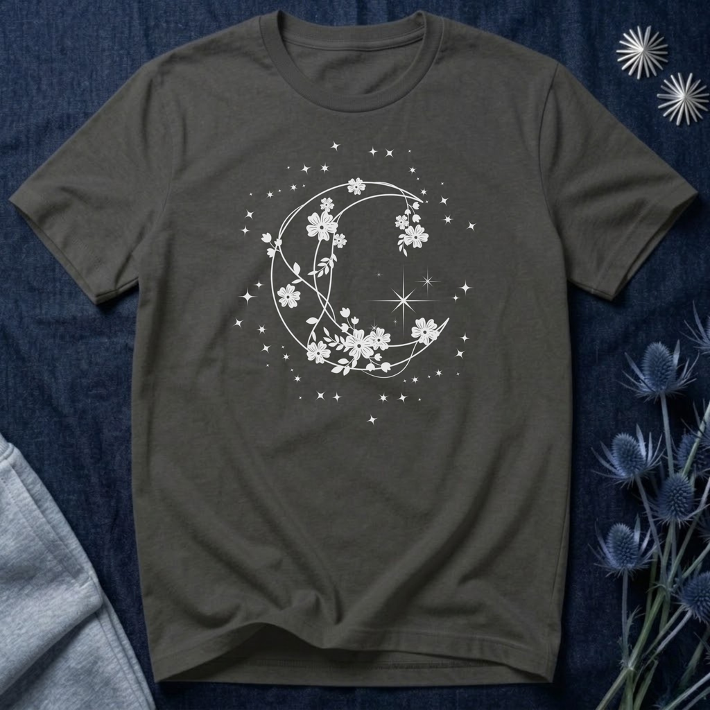 Crescent Moon Stars and Flowers T-Shirt
