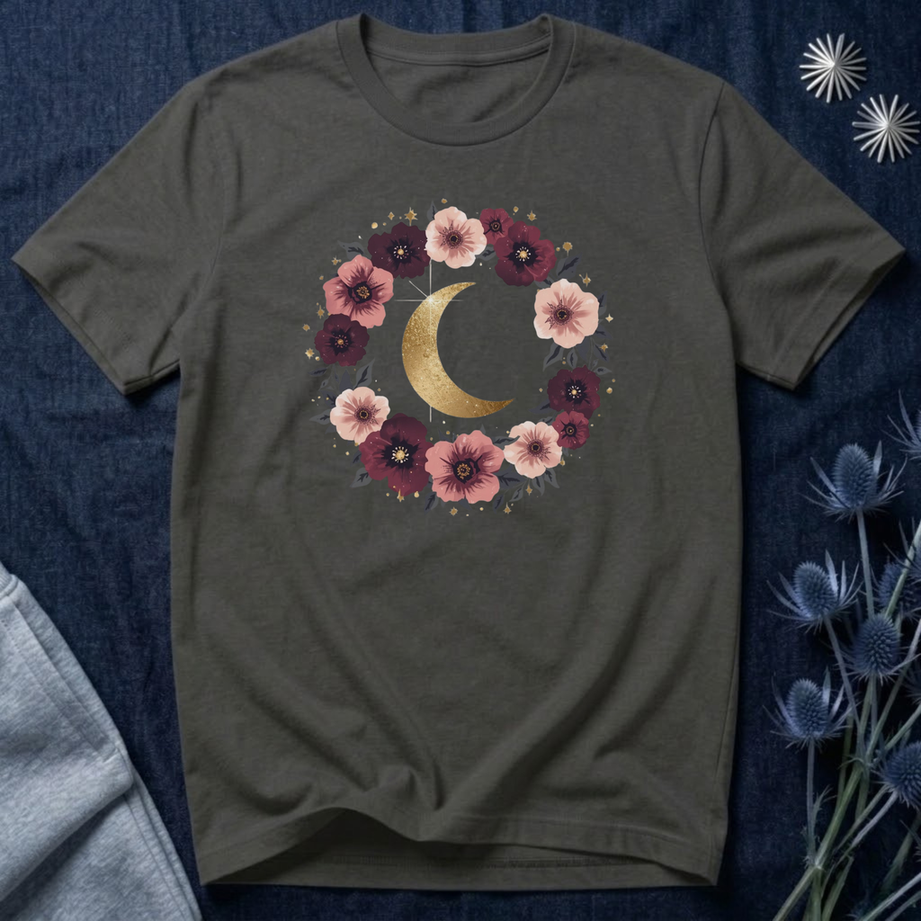 Golden Moon Floral Wreath Graphic T-Shirt