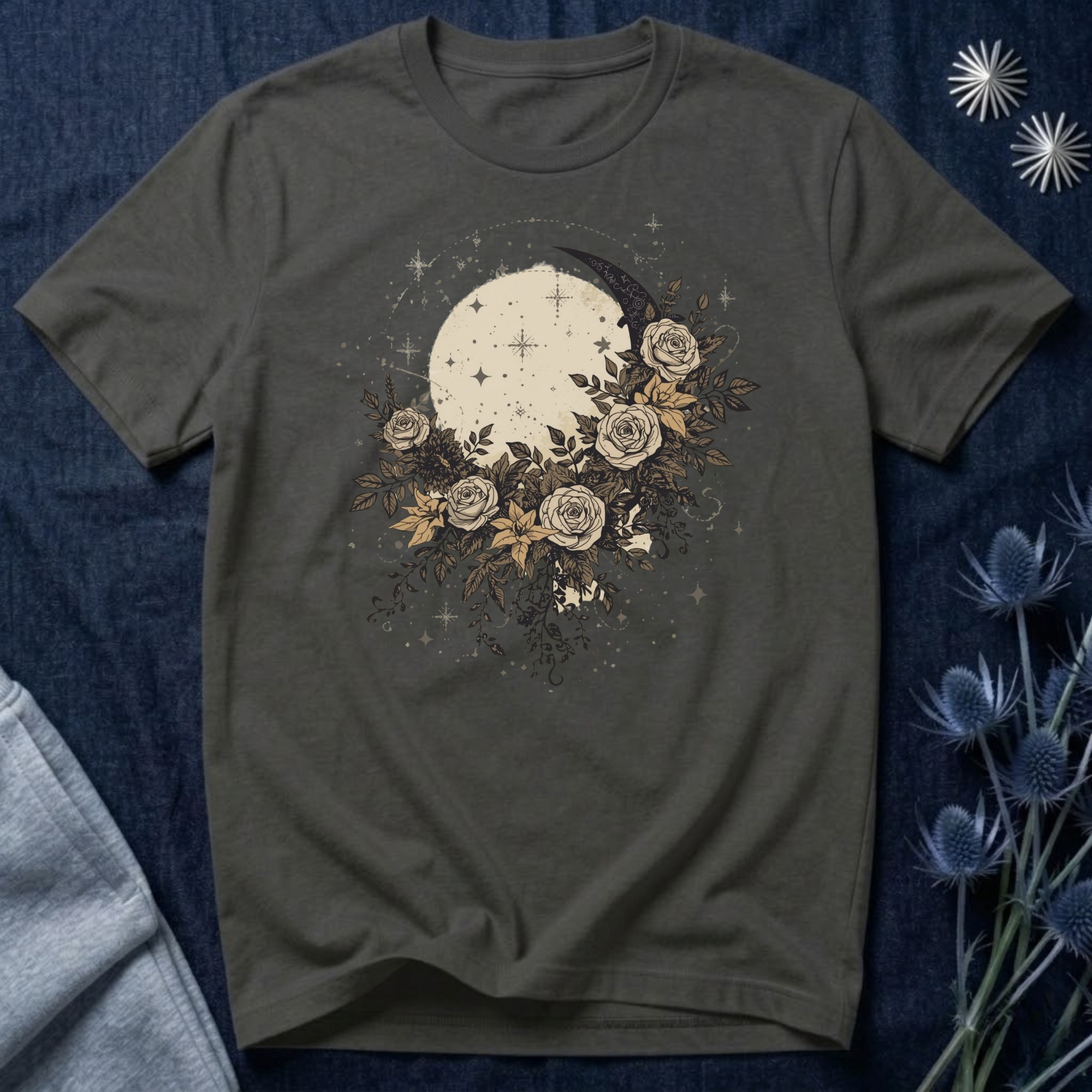 Celestial Moon & Roses Graphic T-Shirt