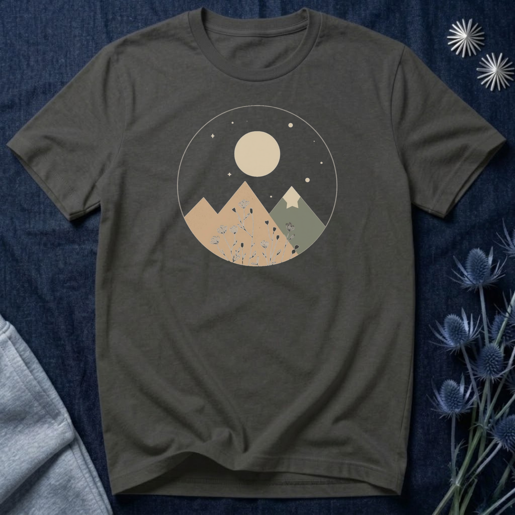 Moonlit Mountain and Flowers T-Shirt