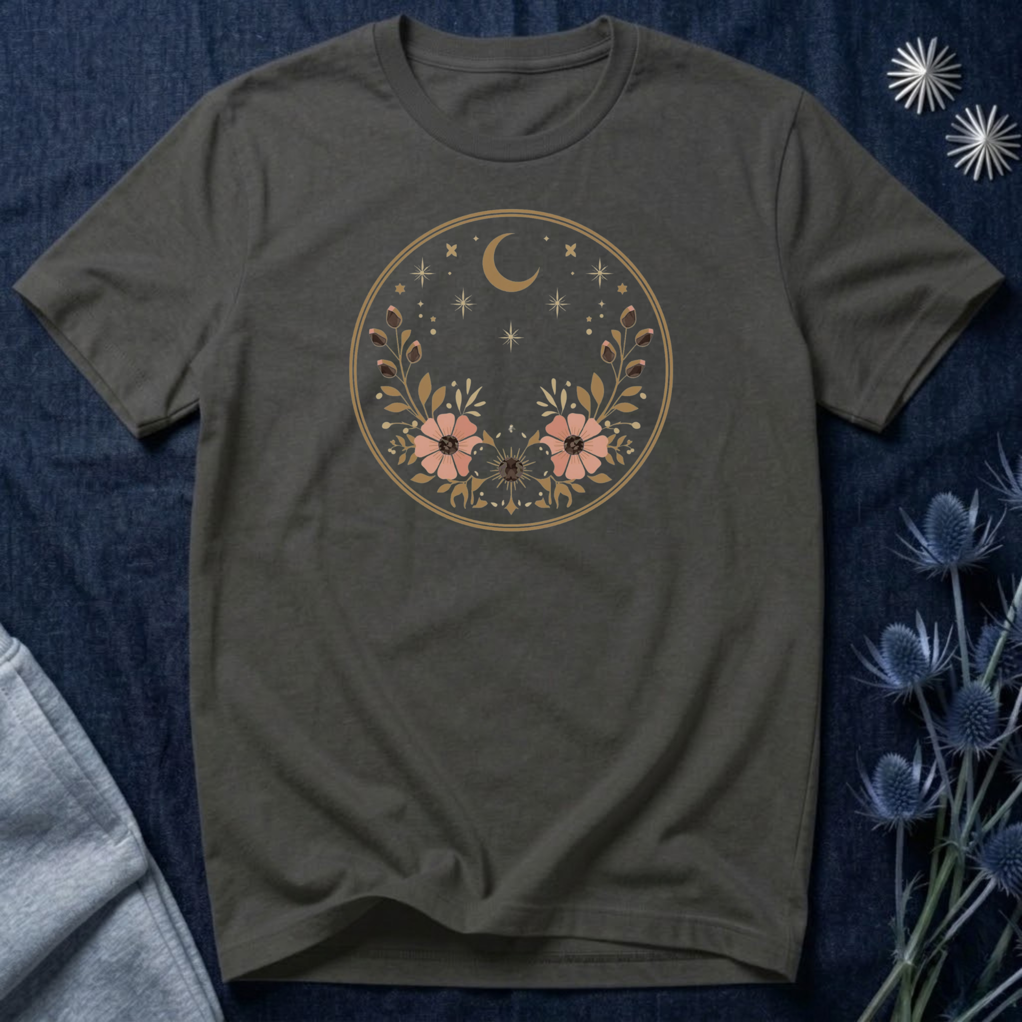 Minimal Celestial Floral Moon Graphic Tee