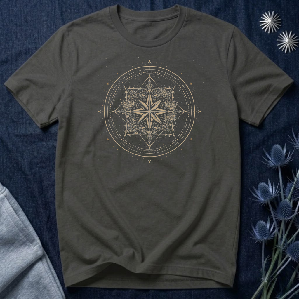 Celestial Compass Rose Floral Mandala Graphic T-Shirt