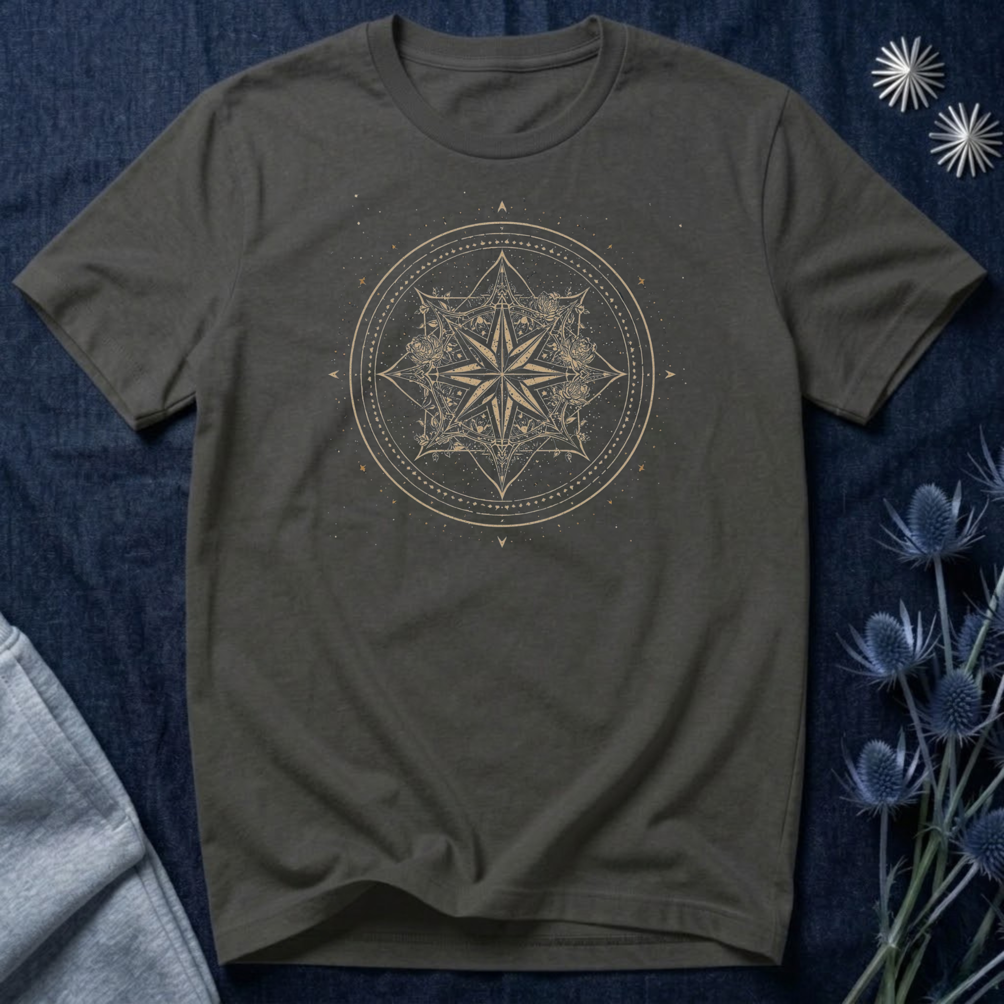 Celestial Compass Rose Floral Mandala Graphic T-Shirt