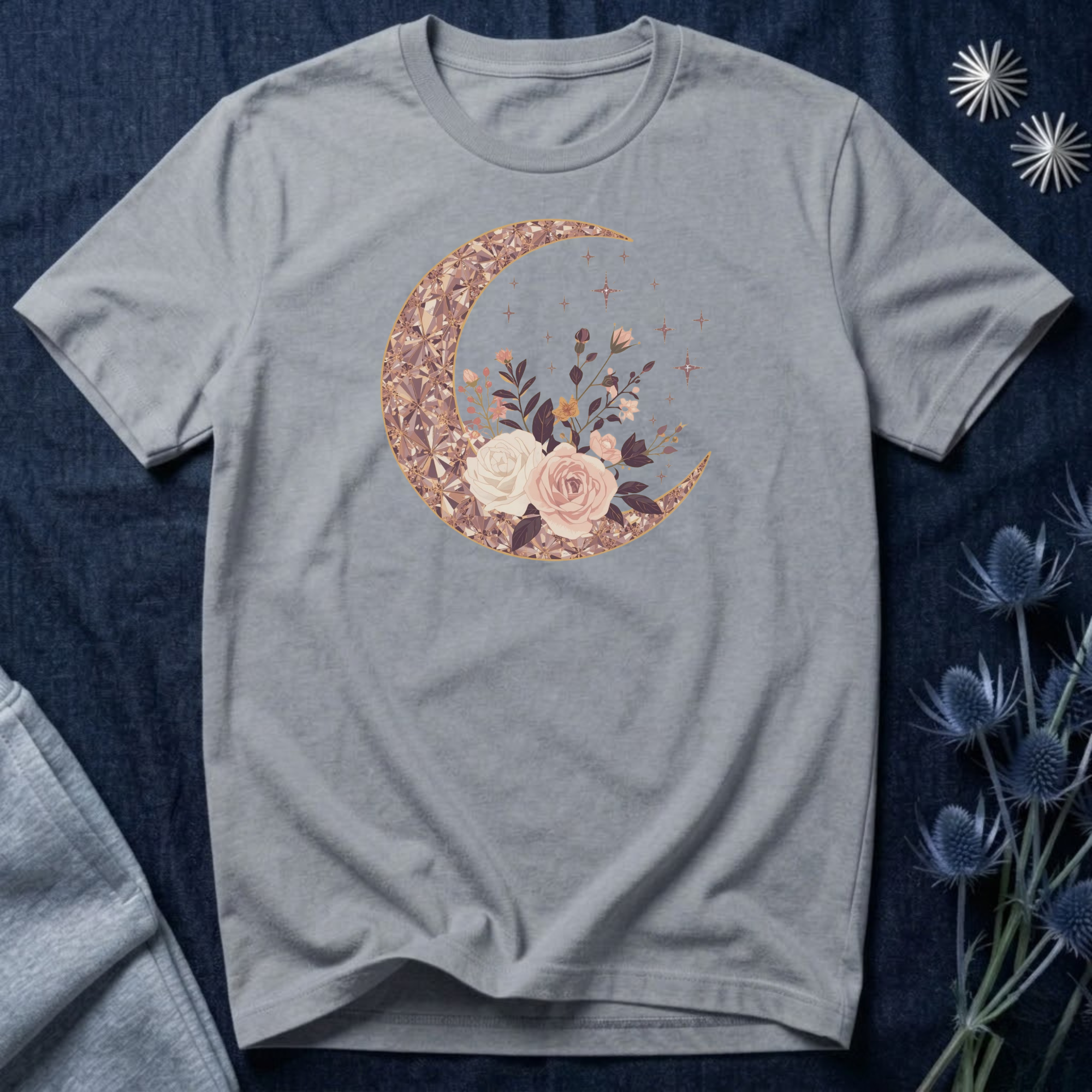 Rose Gold Celestial Moon Floral Graphic T-Shirt