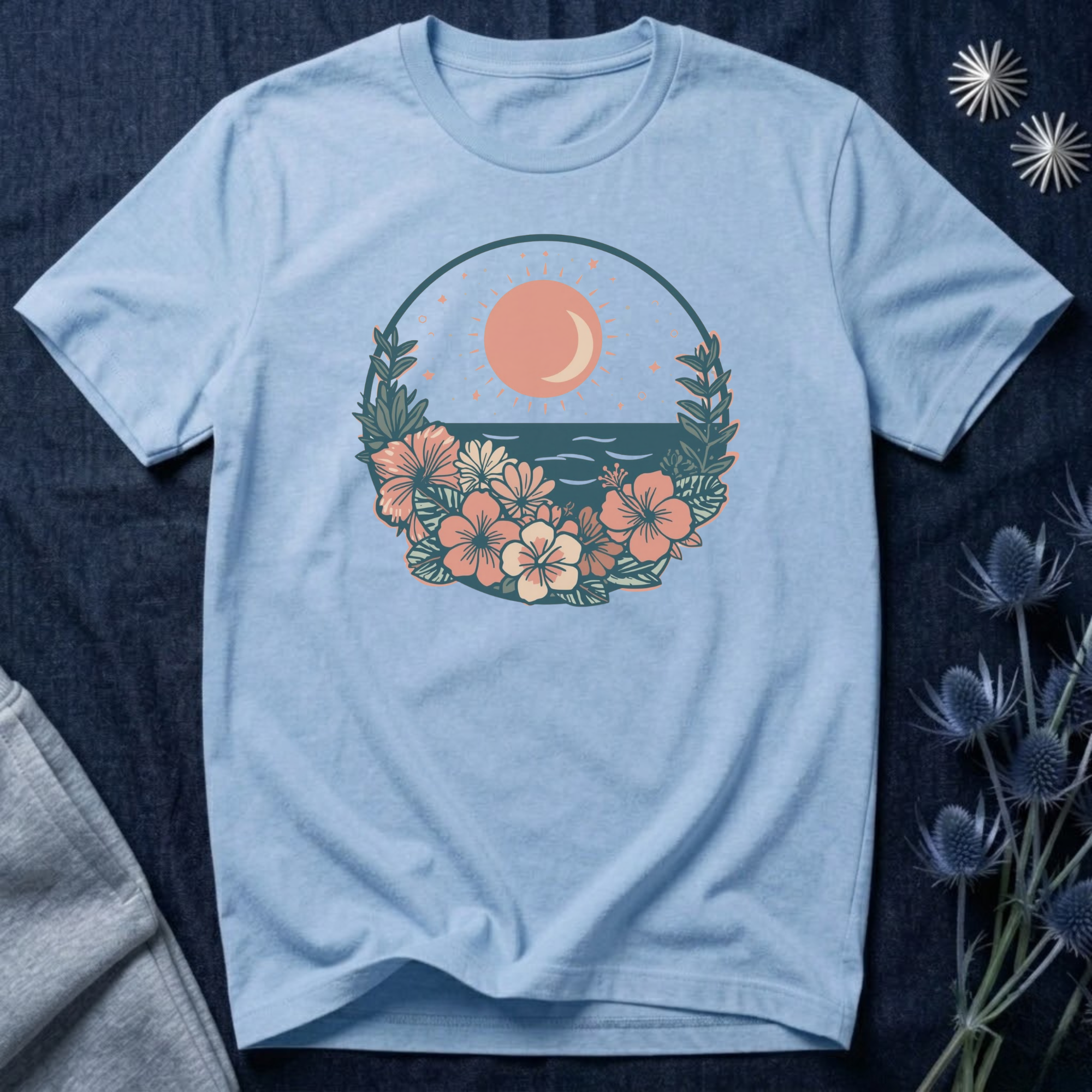 Sunset Ocean Moon Floral T-Shirt