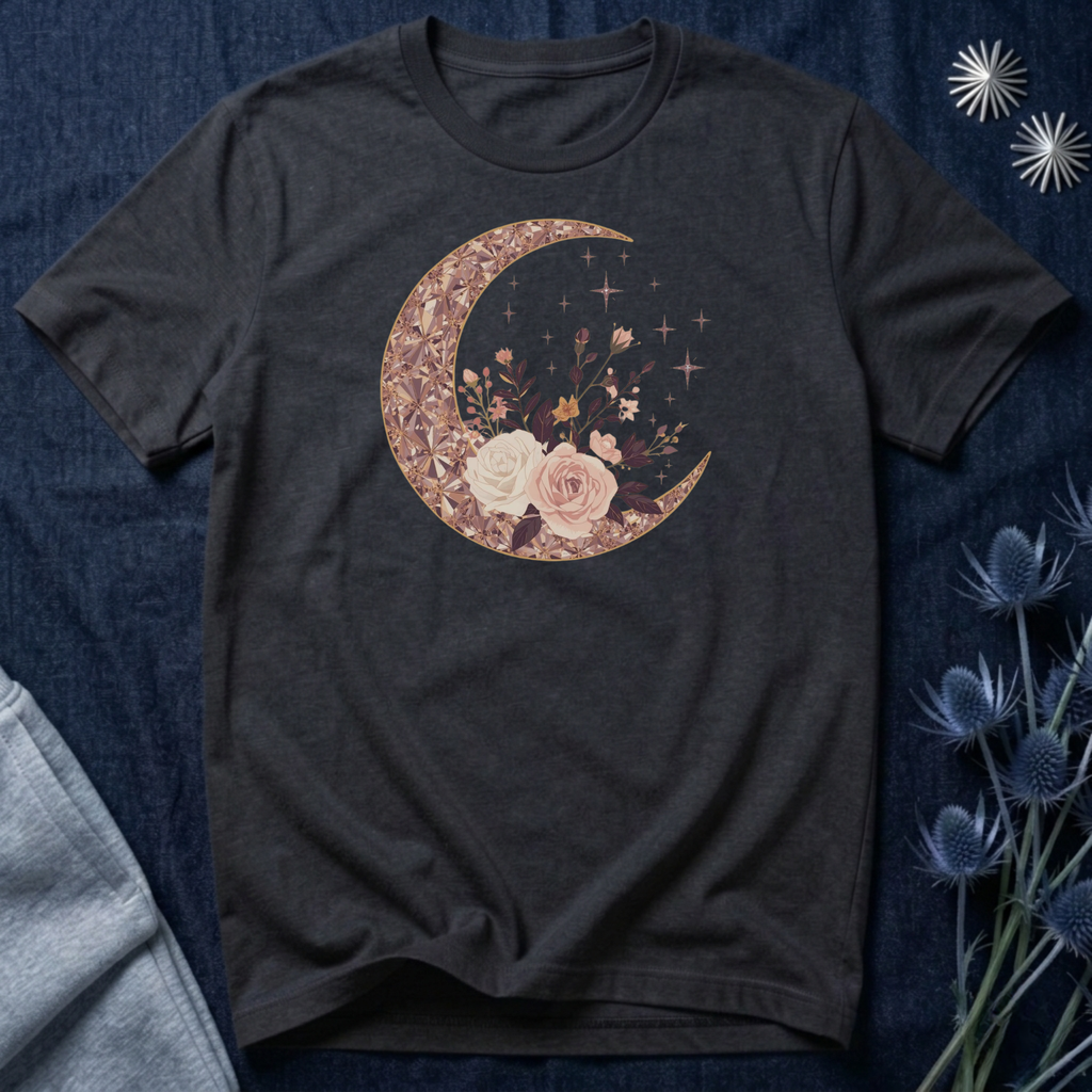 Rose Gold Celestial Moon Floral Graphic T-Shirt