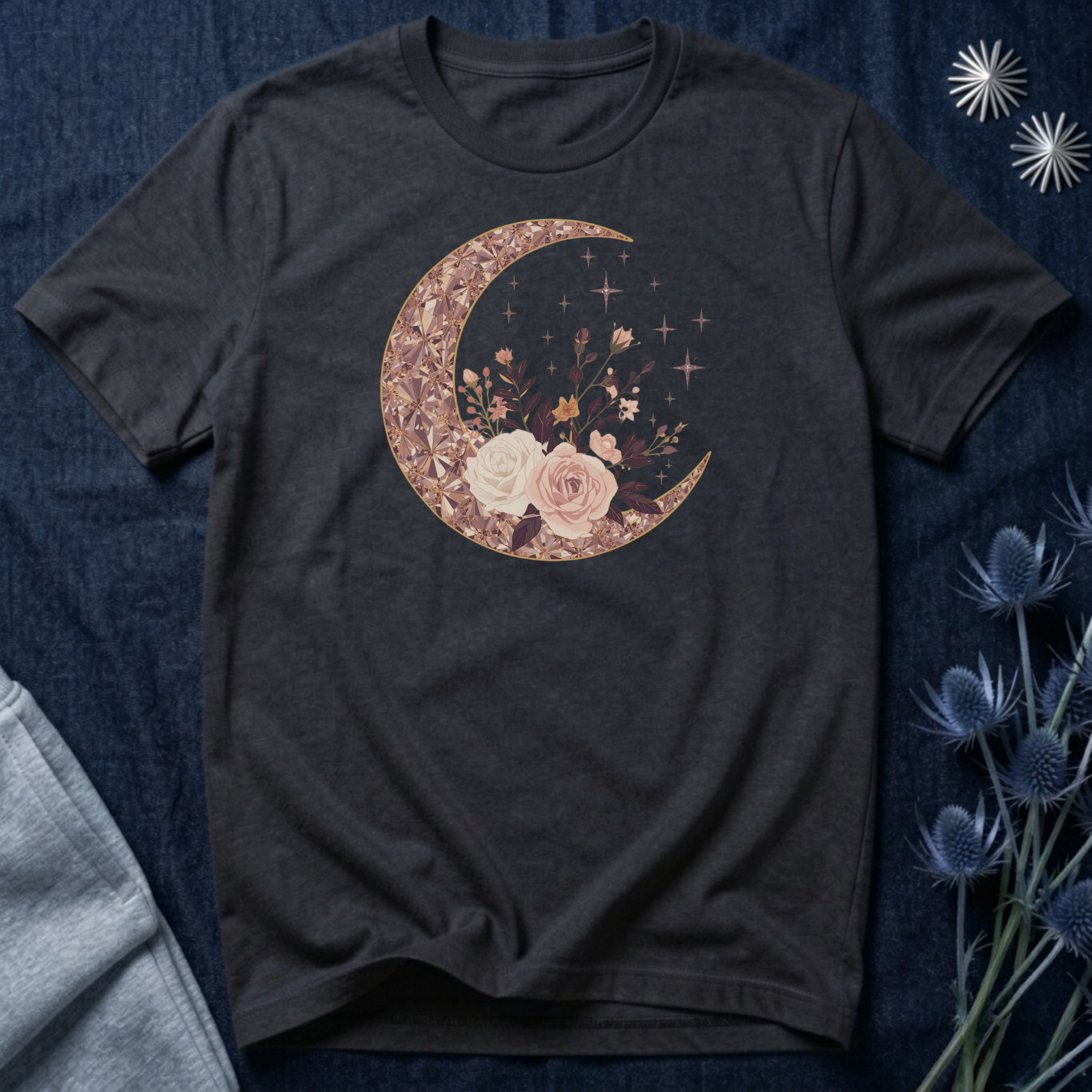 Rose Gold Celestial Moon Floral Graphic T-Shirt
