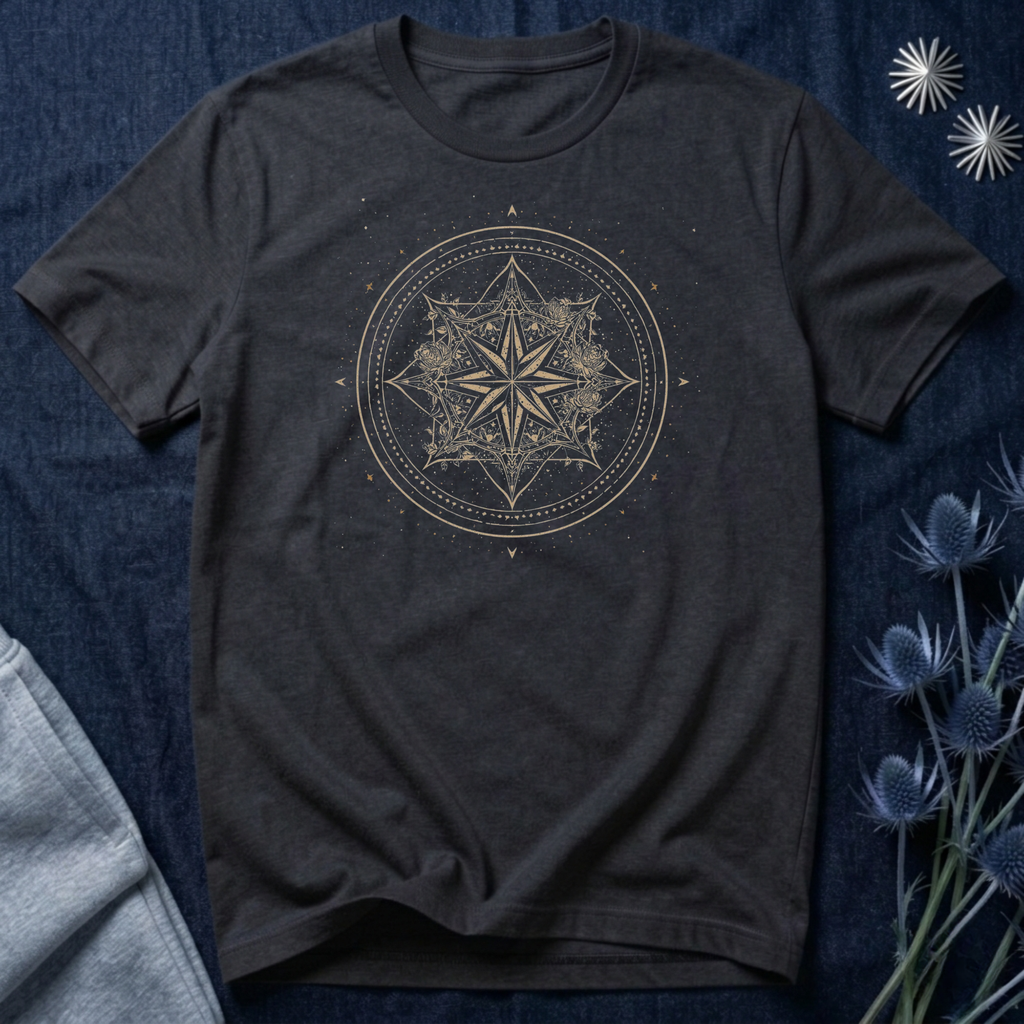 Celestial Compass Rose Floral Mandala Graphic T-Shirt