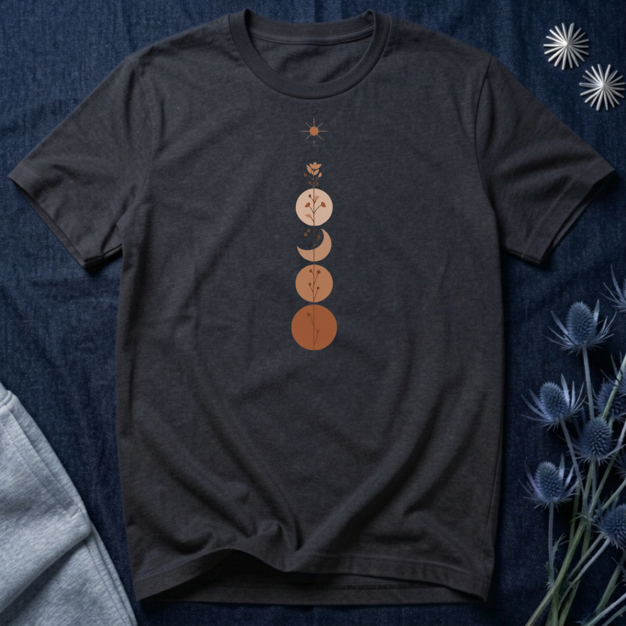 Warm Scandinavian Crescent Moon and Flowers T-Shirt
