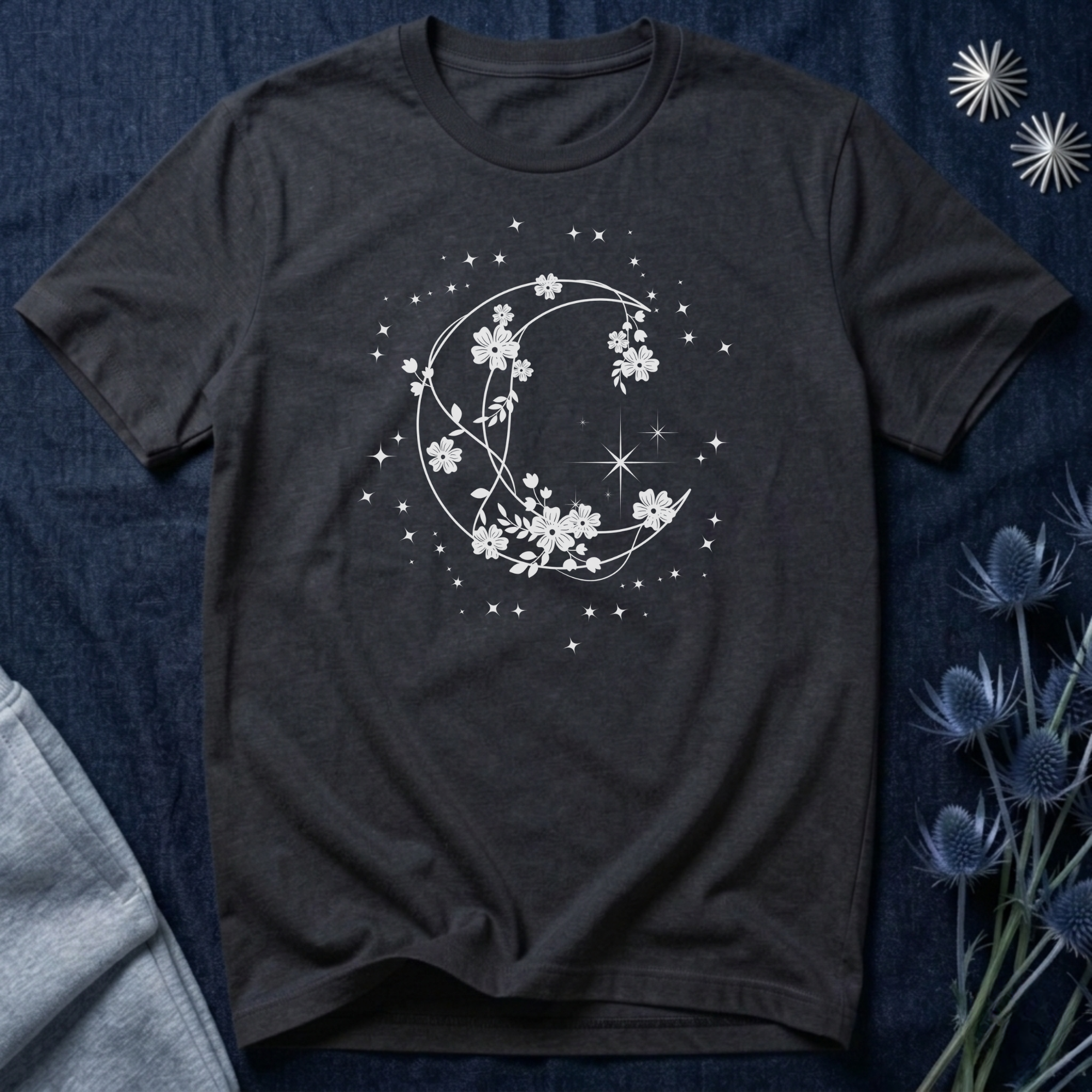 Crescent Moon Stars and Flowers T-Shirt