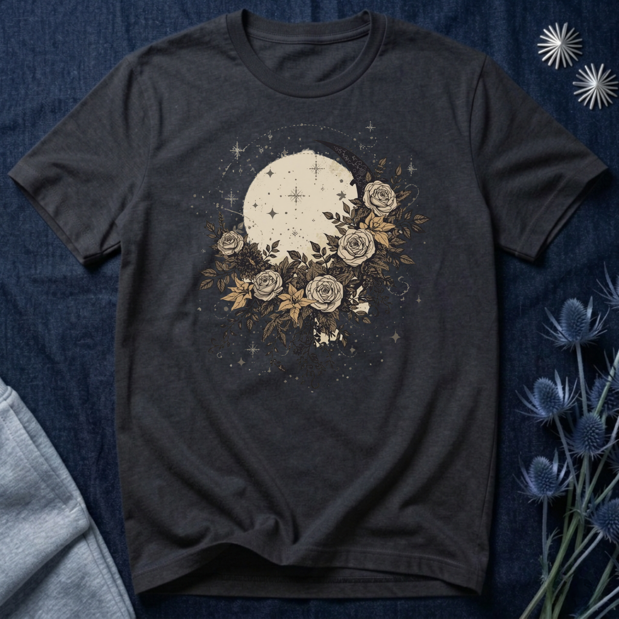 Celestial Moon & Roses Graphic T-Shirt