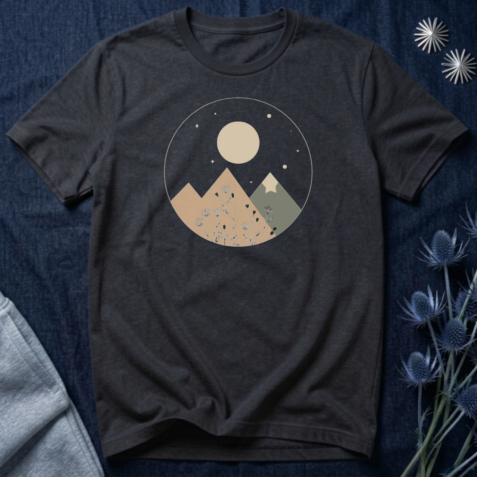 Moonlit Mountain and Flowers T-Shirt