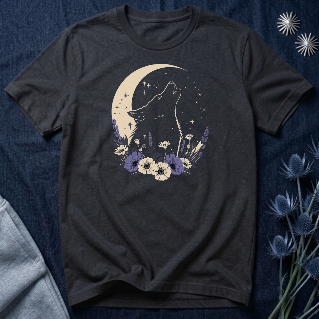 Moonlit Wolf Wildflower Graphic T-Shirt