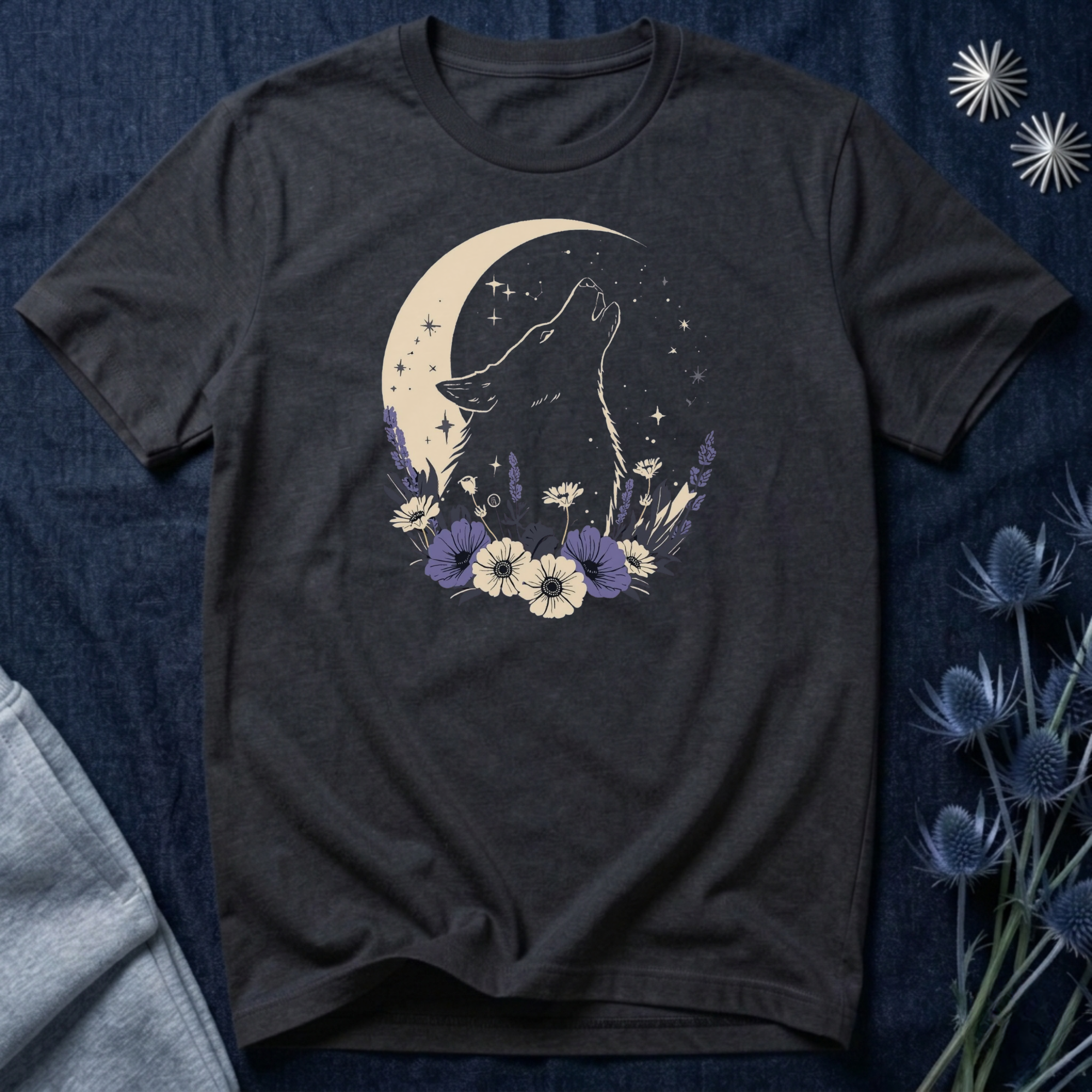 Moonlit Wolf Wildflower Graphic T-Shirt