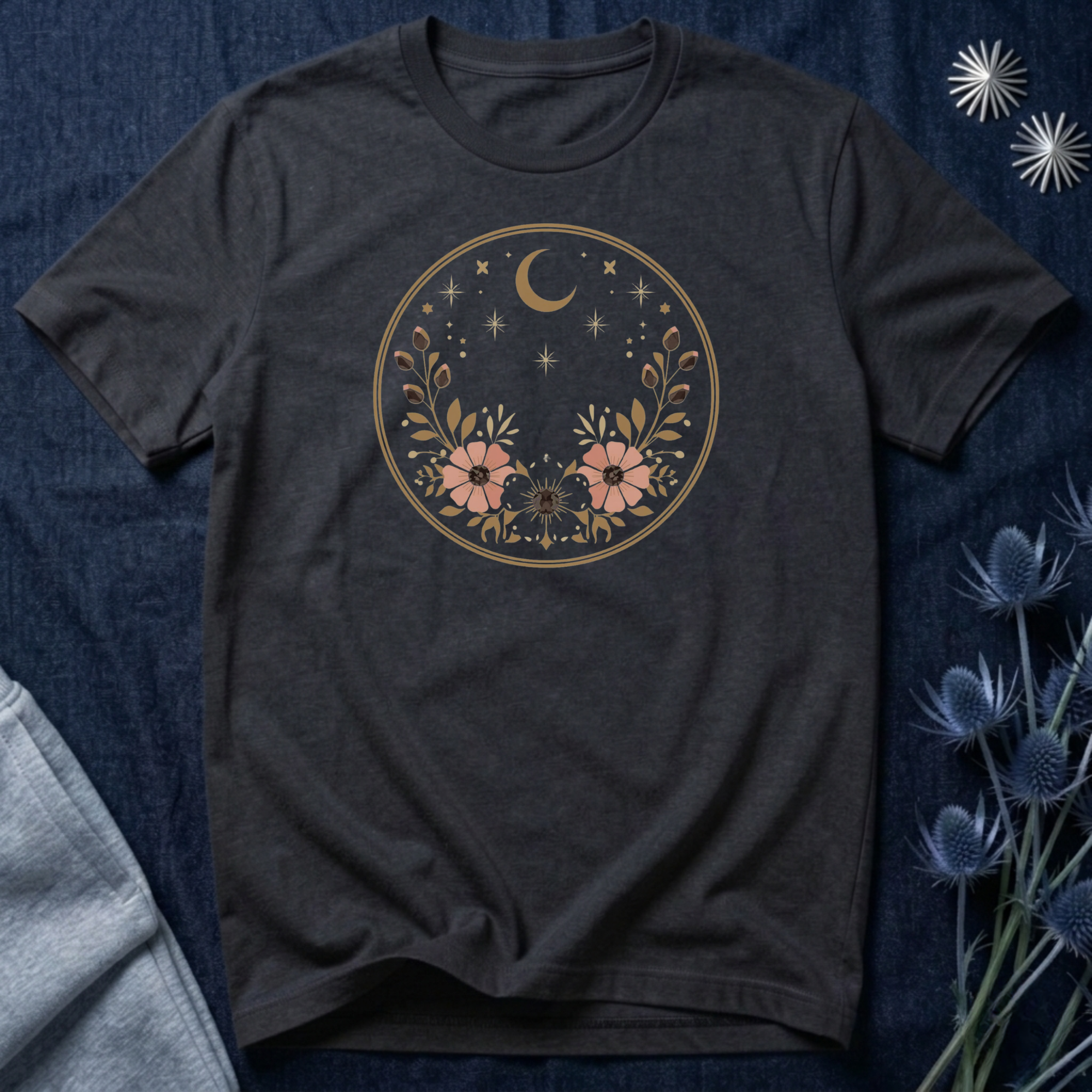 Minimal Celestial Floral Moon Graphic Tee