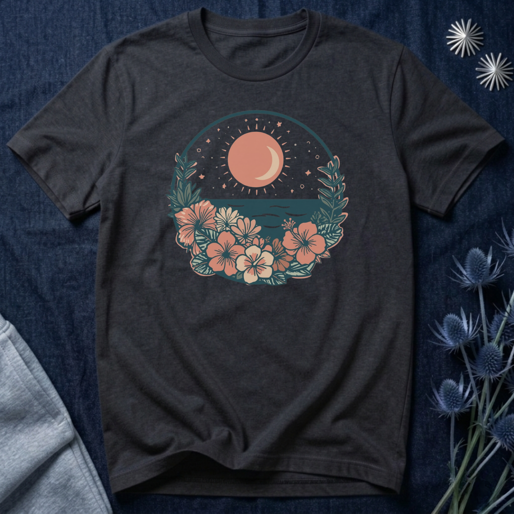 Sunset Ocean Moon Floral T-Shirt