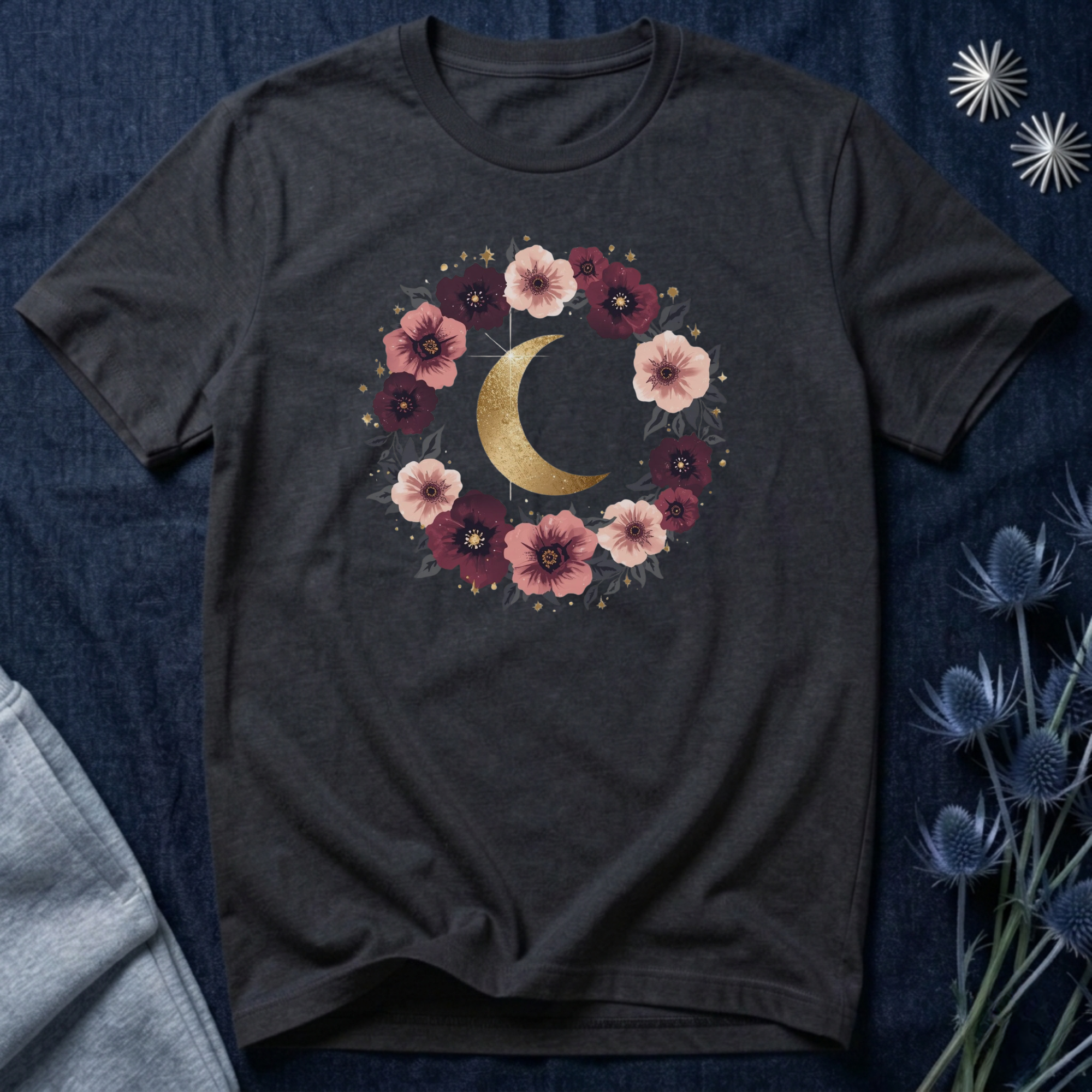 Golden Moon Floral Wreath Graphic T-Shirt