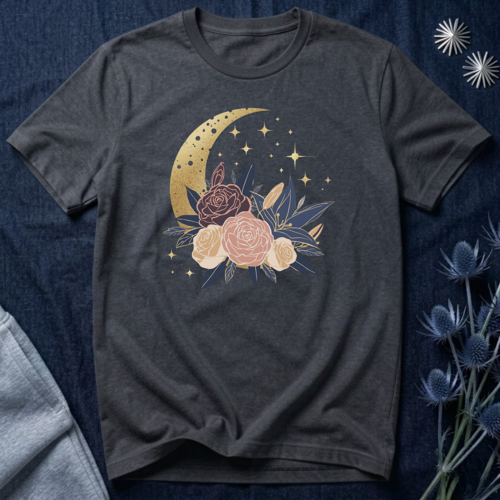 Golden Moon & Roses Celestial Graphic T-Shirt