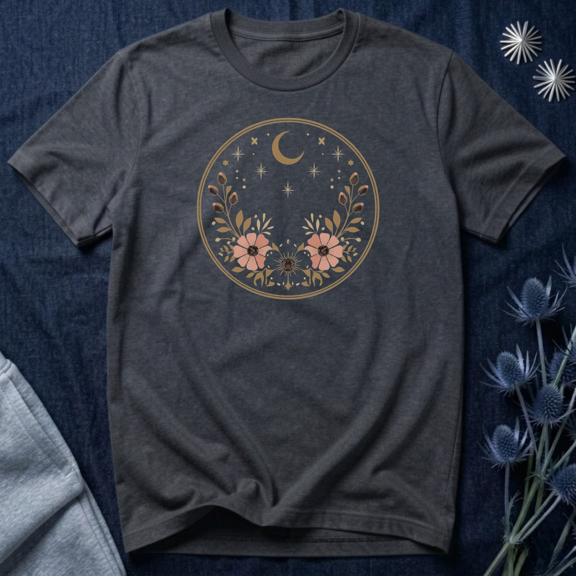 Minimal Celestial Floral Moon Graphic Tee
