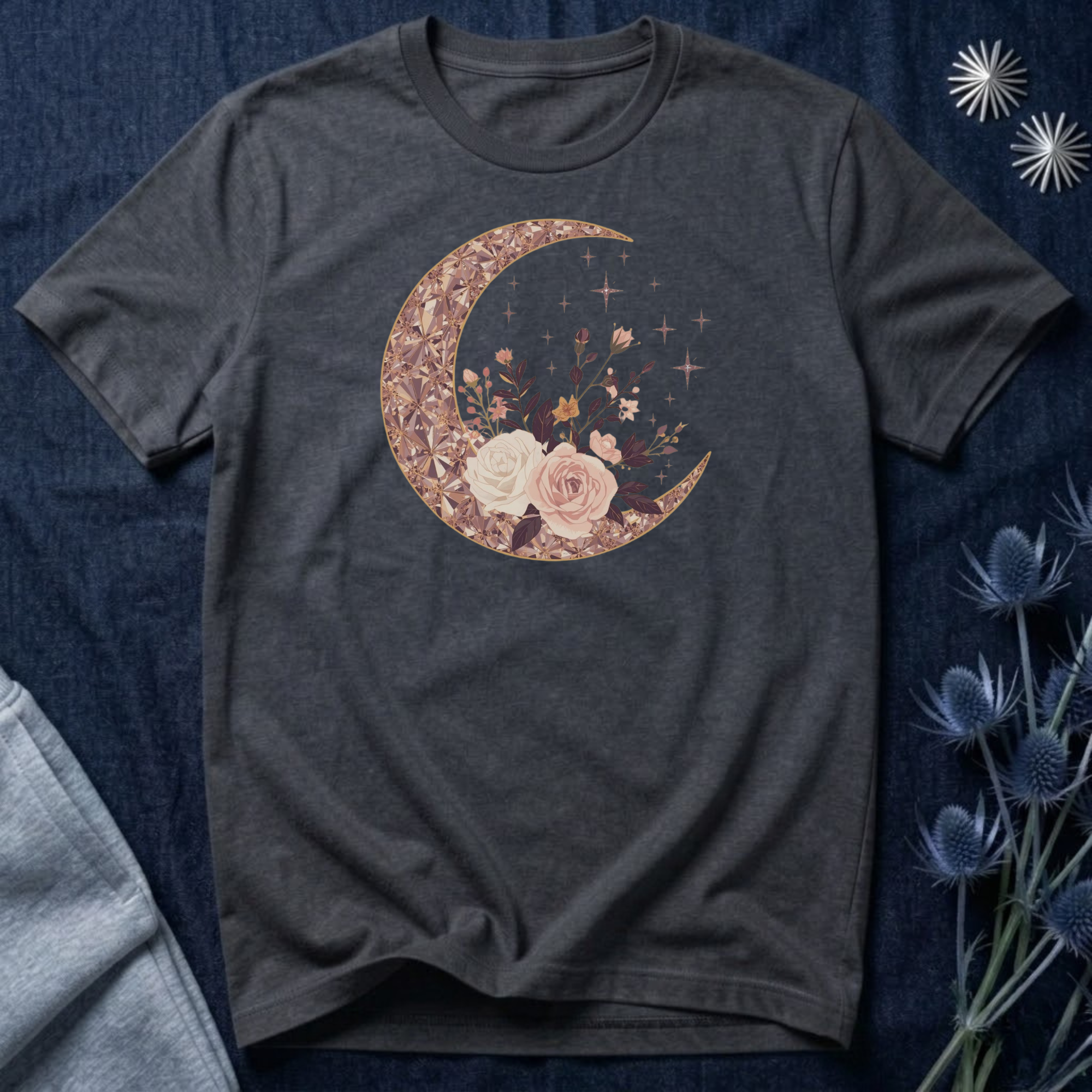 Rose Gold Celestial Moon Floral Graphic T-Shirt