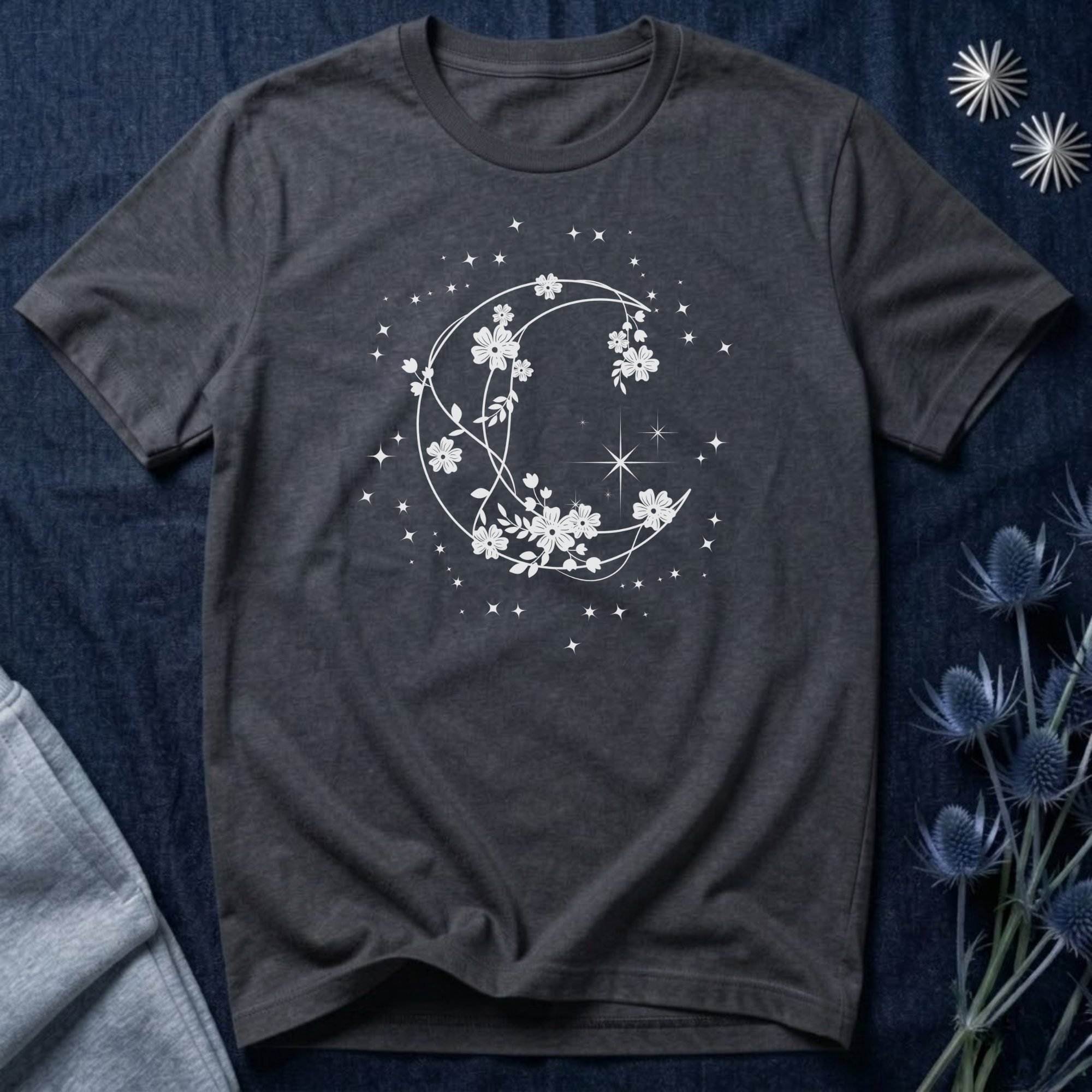 Crescent Moon Stars and Flowers T-Shirt