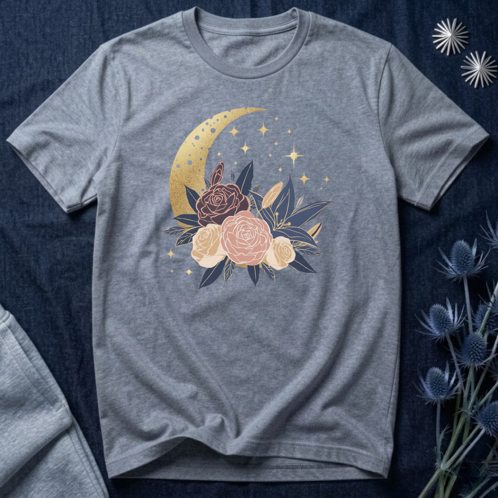 Golden Moon & Roses Celestial Graphic T-Shirt