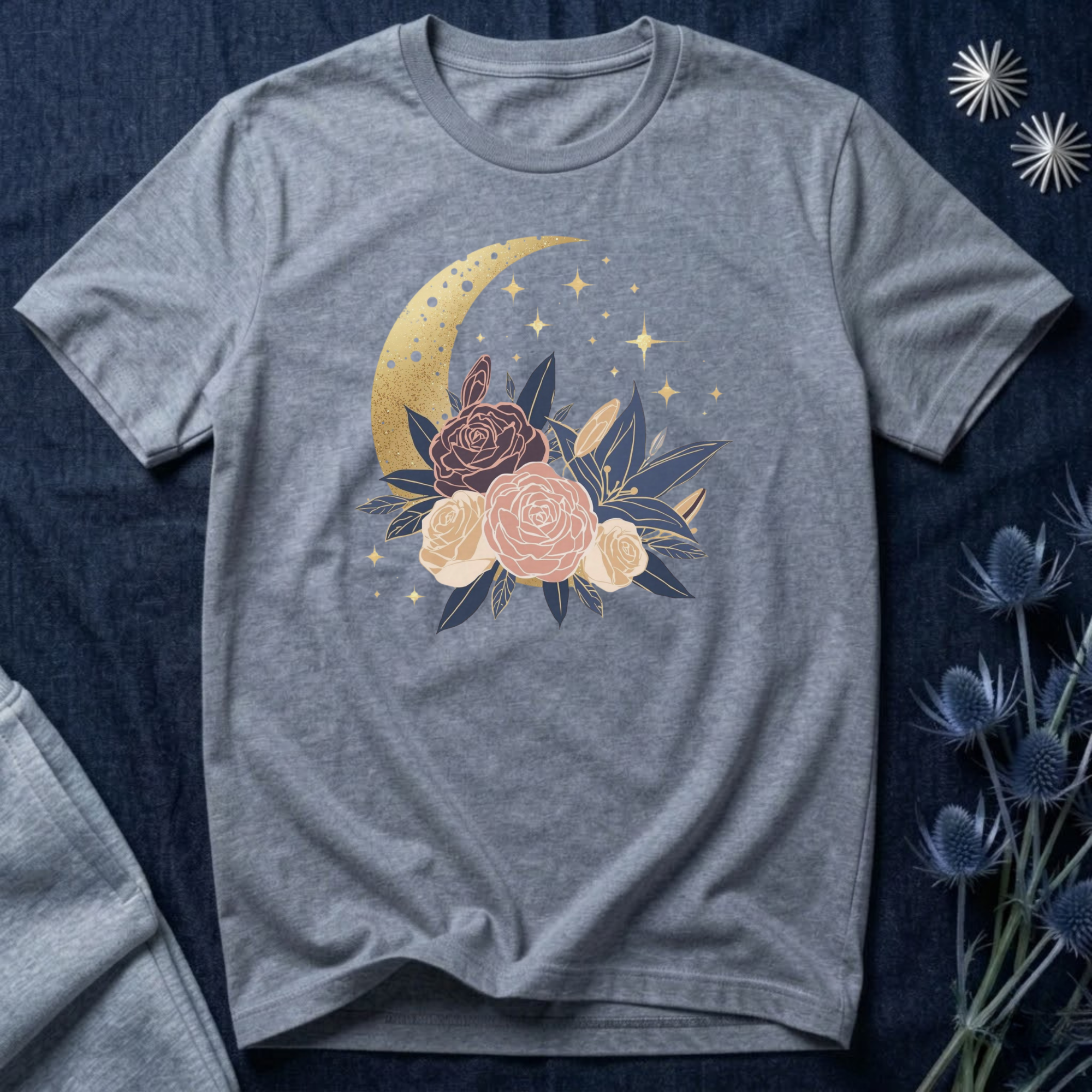 Golden Moon & Roses Celestial Graphic T-Shirt