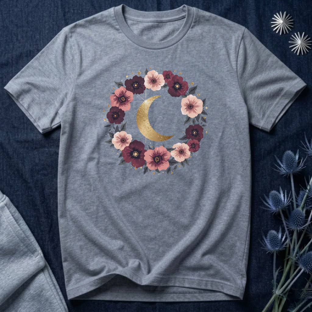 Golden Moon Floral Wreath Graphic T-Shirt