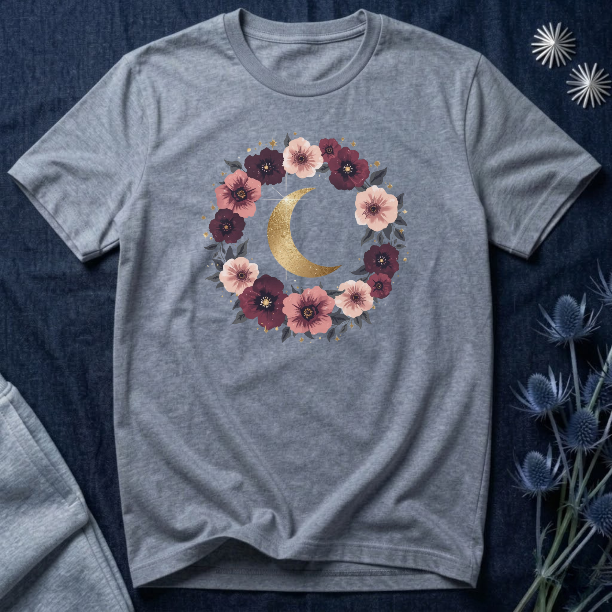 Golden Moon Floral Wreath Graphic T-Shirt