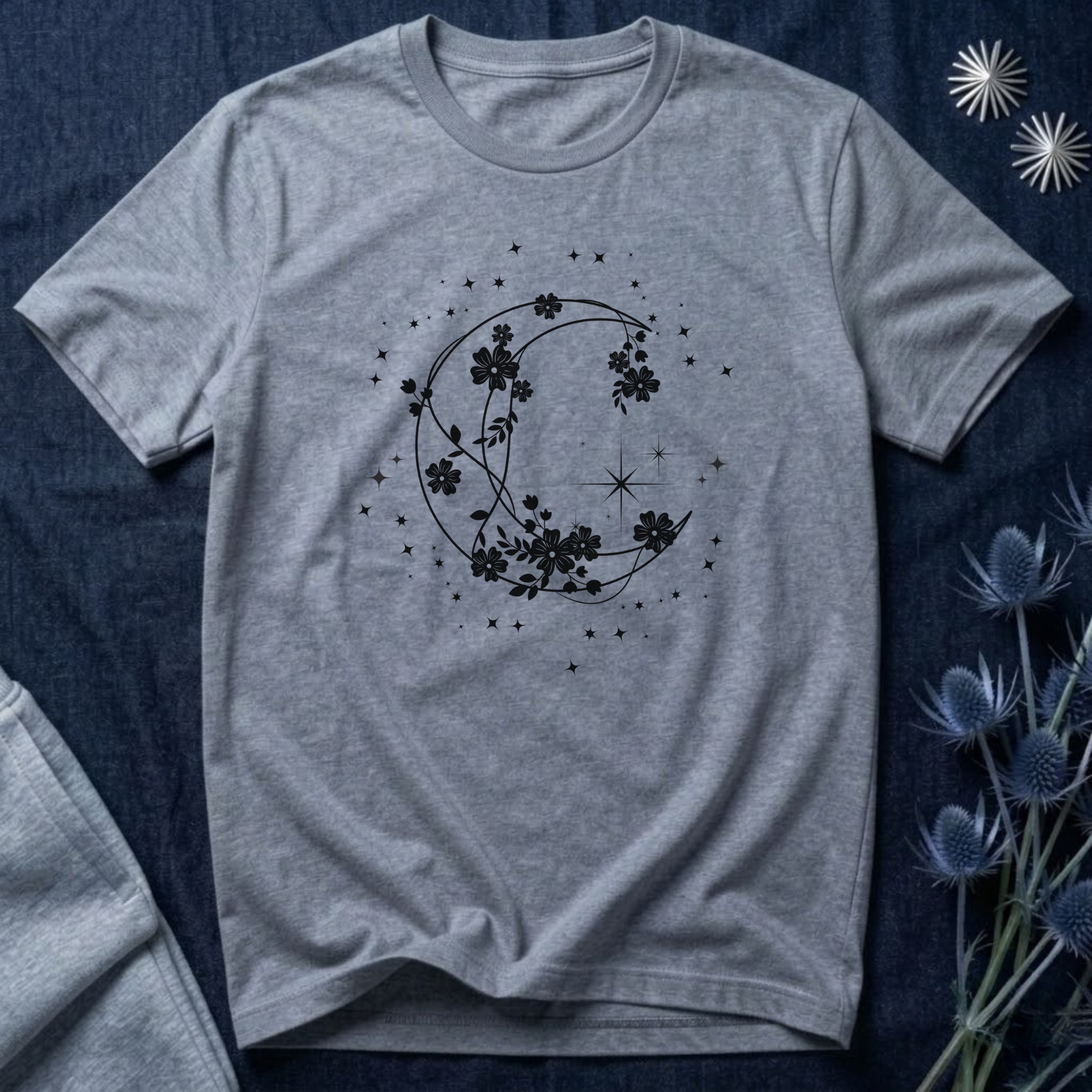 Crescent Moon Stars and Flowers T-Shirt