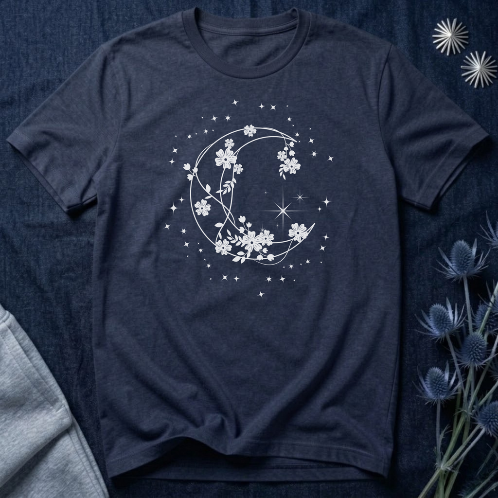 Crescent Moon Stars and Flowers T-Shirt