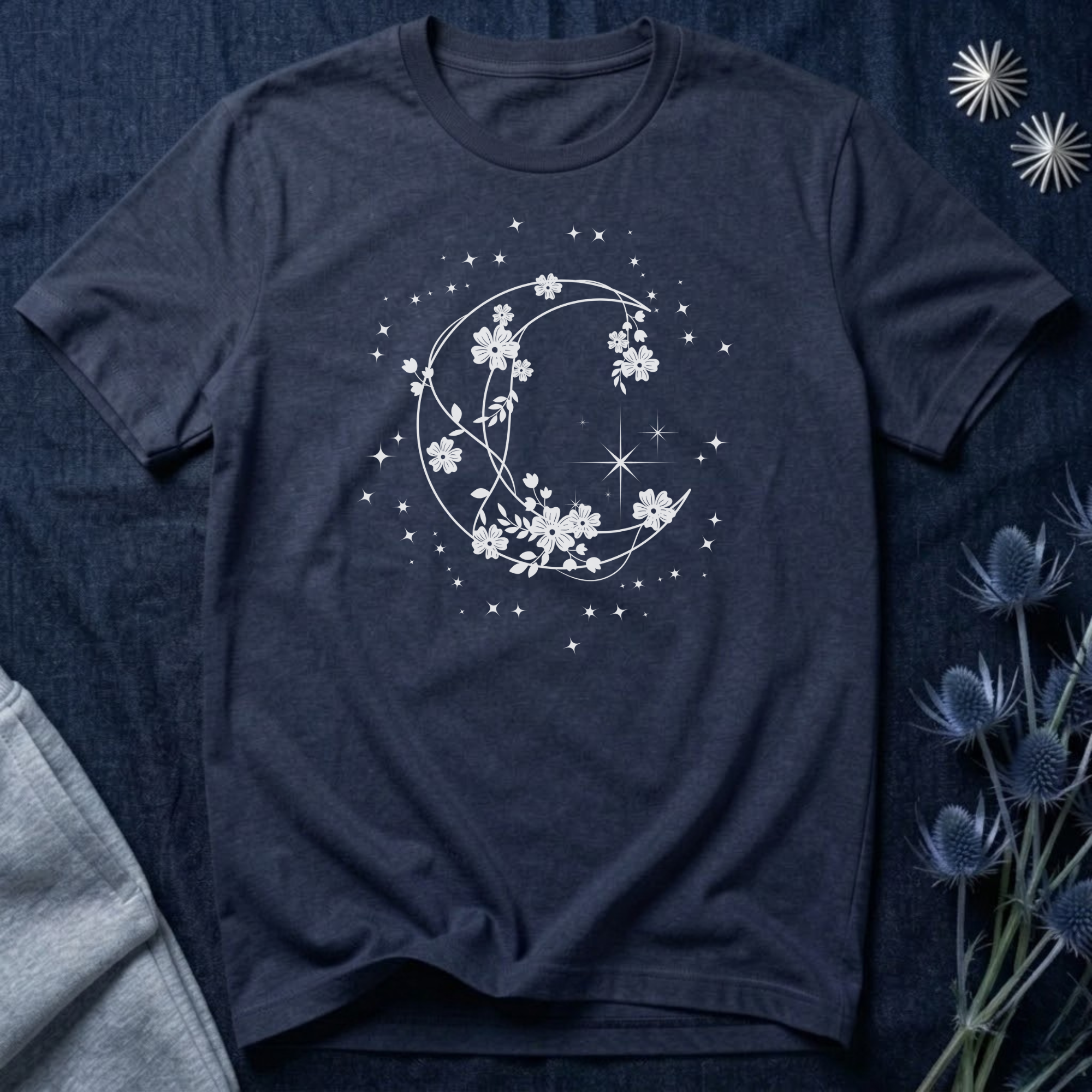 Crescent Moon Stars and Flowers T-Shirt