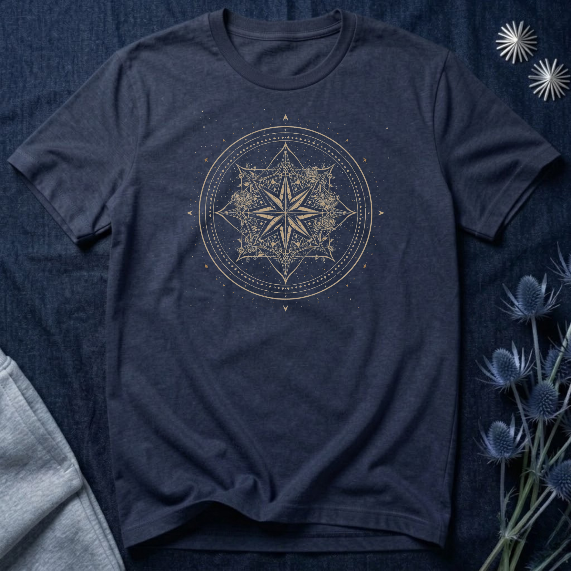 Celestial Compass Rose Floral Mandala Graphic T-Shirt