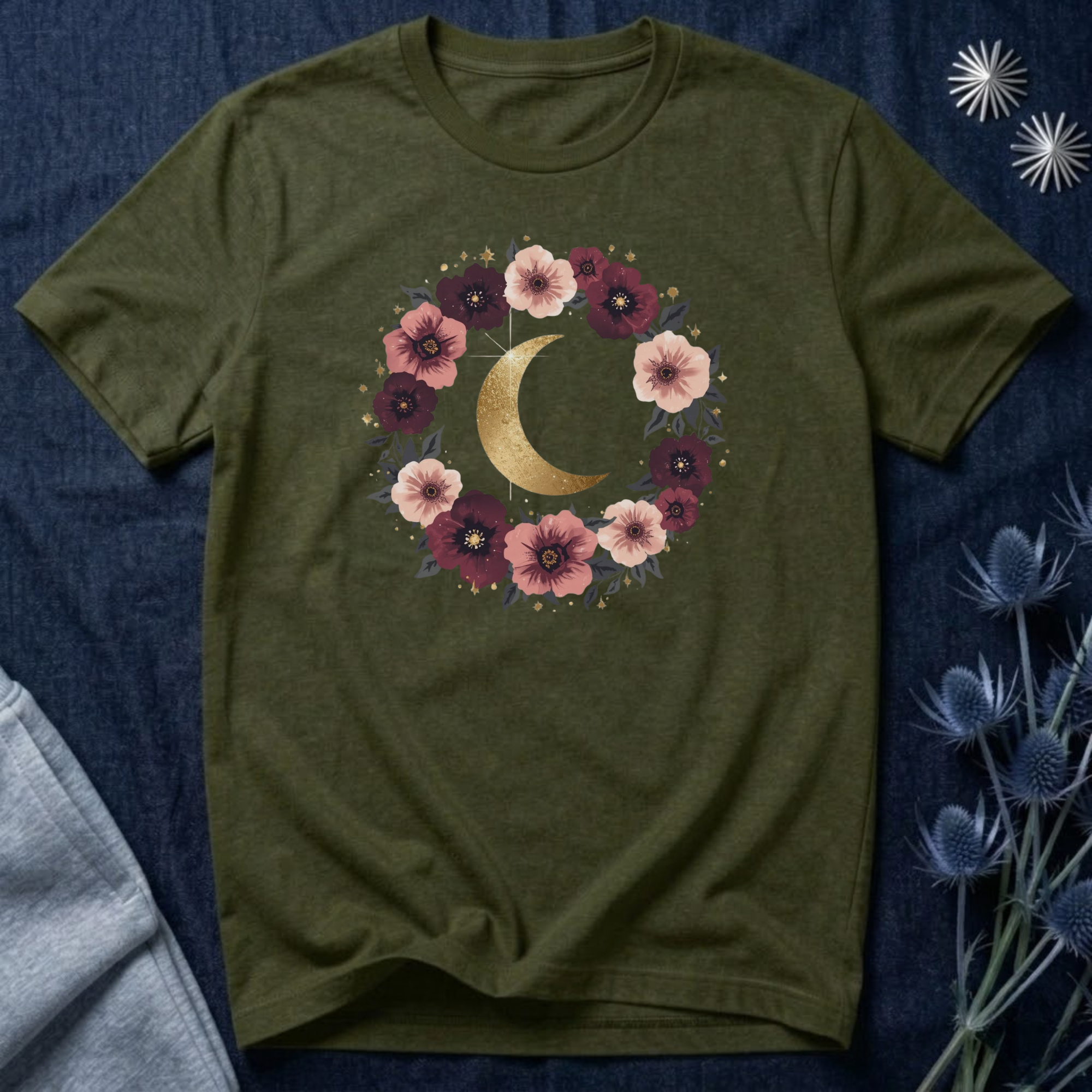Golden Moon Floral Wreath Graphic T-Shirt