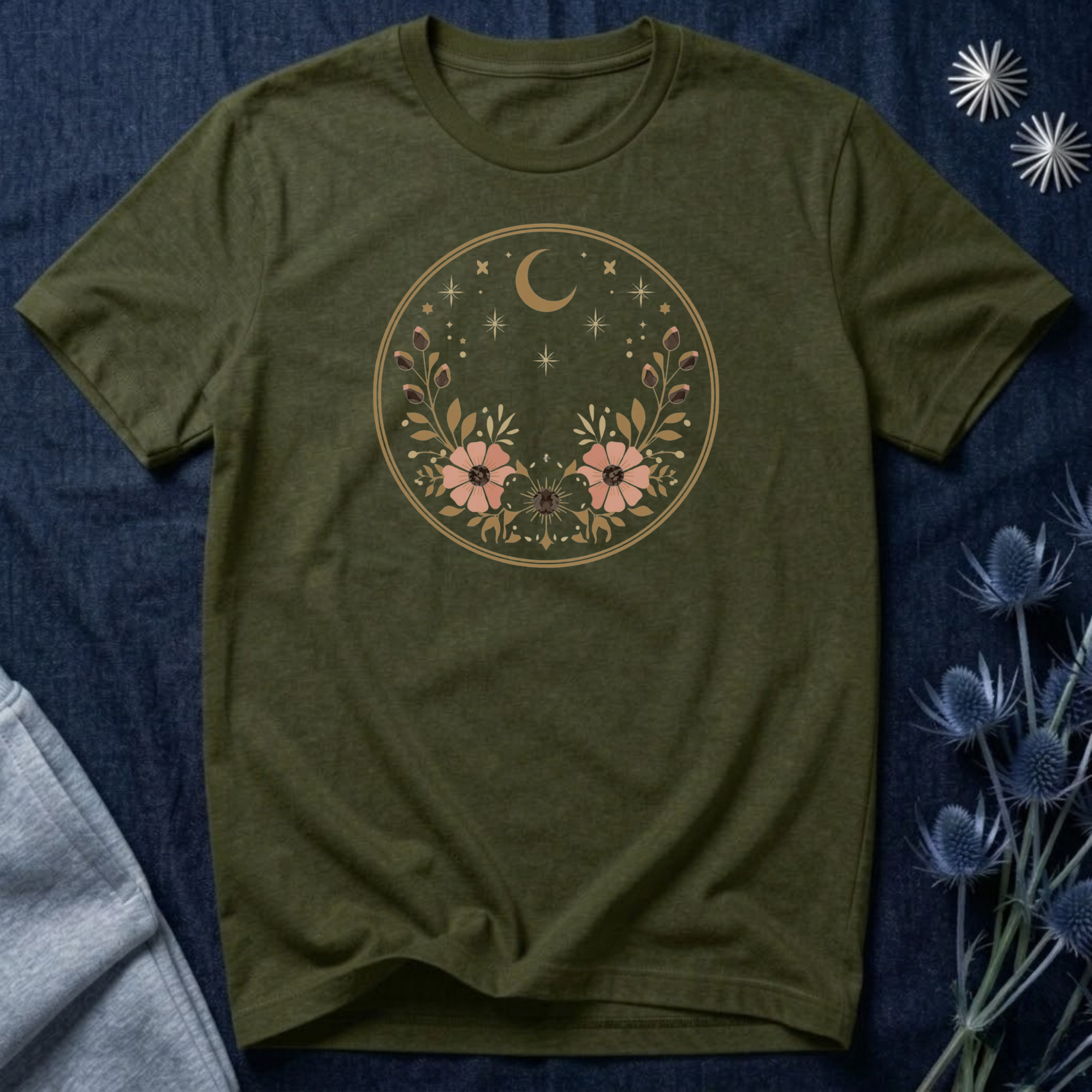 Minimal Celestial Floral Moon Graphic Tee