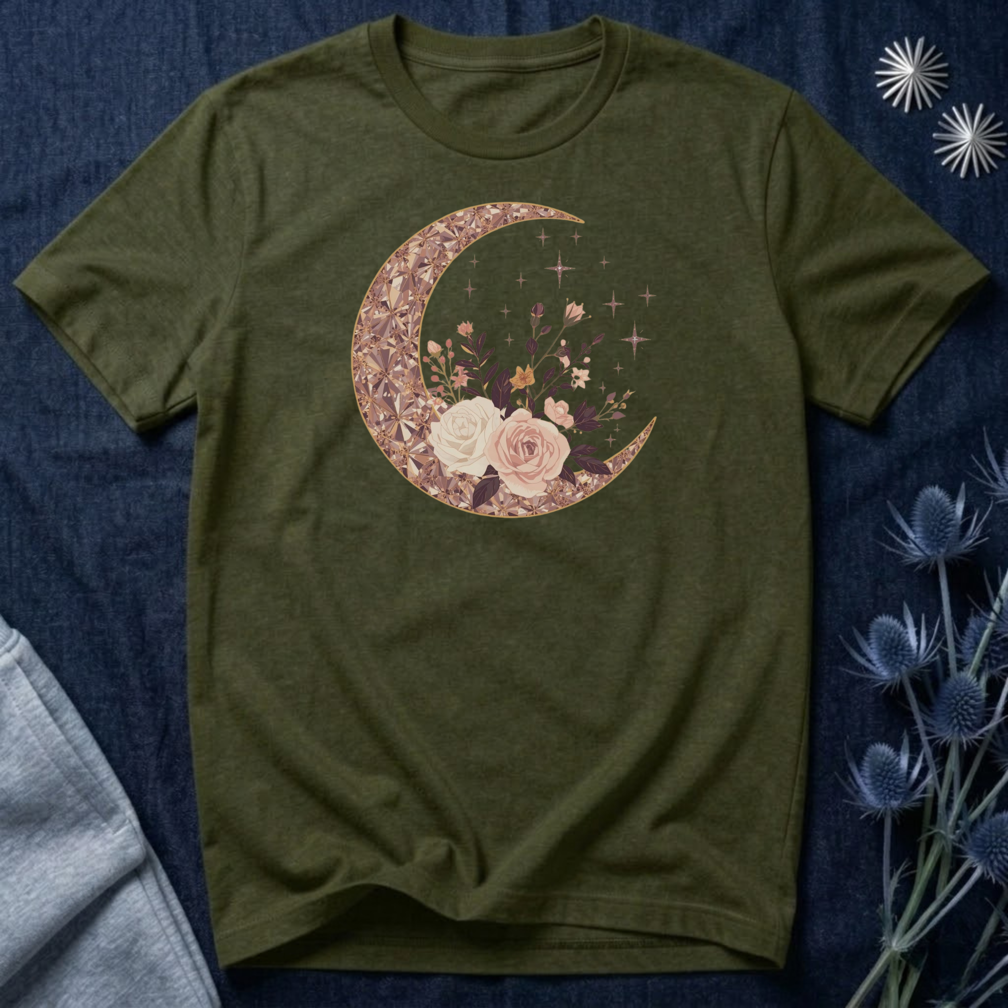 Rose Gold Celestial Moon Floral Graphic T-Shirt