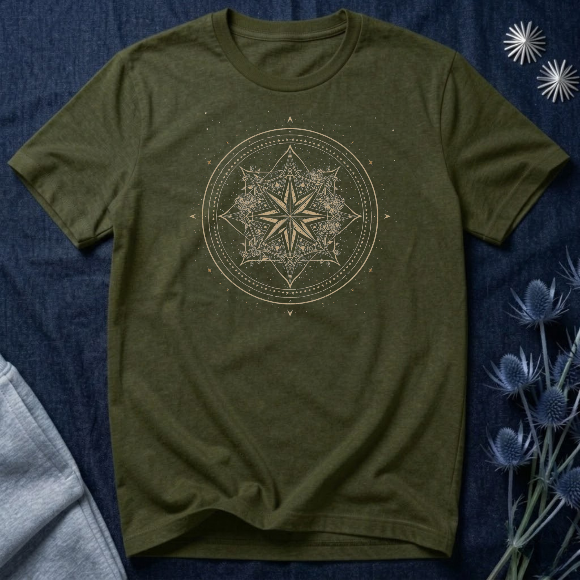 Celestial Compass Rose Floral Mandala Graphic T-Shirt