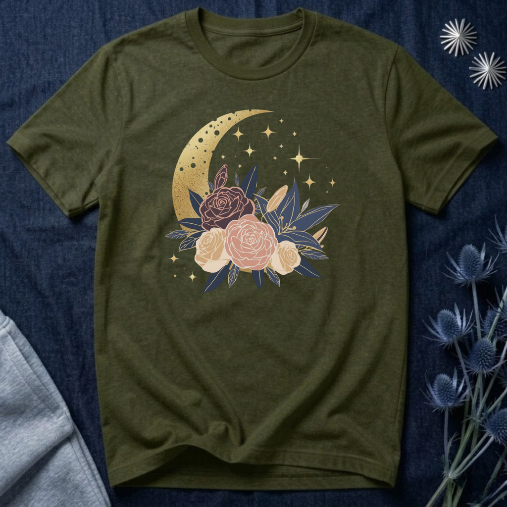 Golden Moon & Roses Celestial Graphic T-Shirt