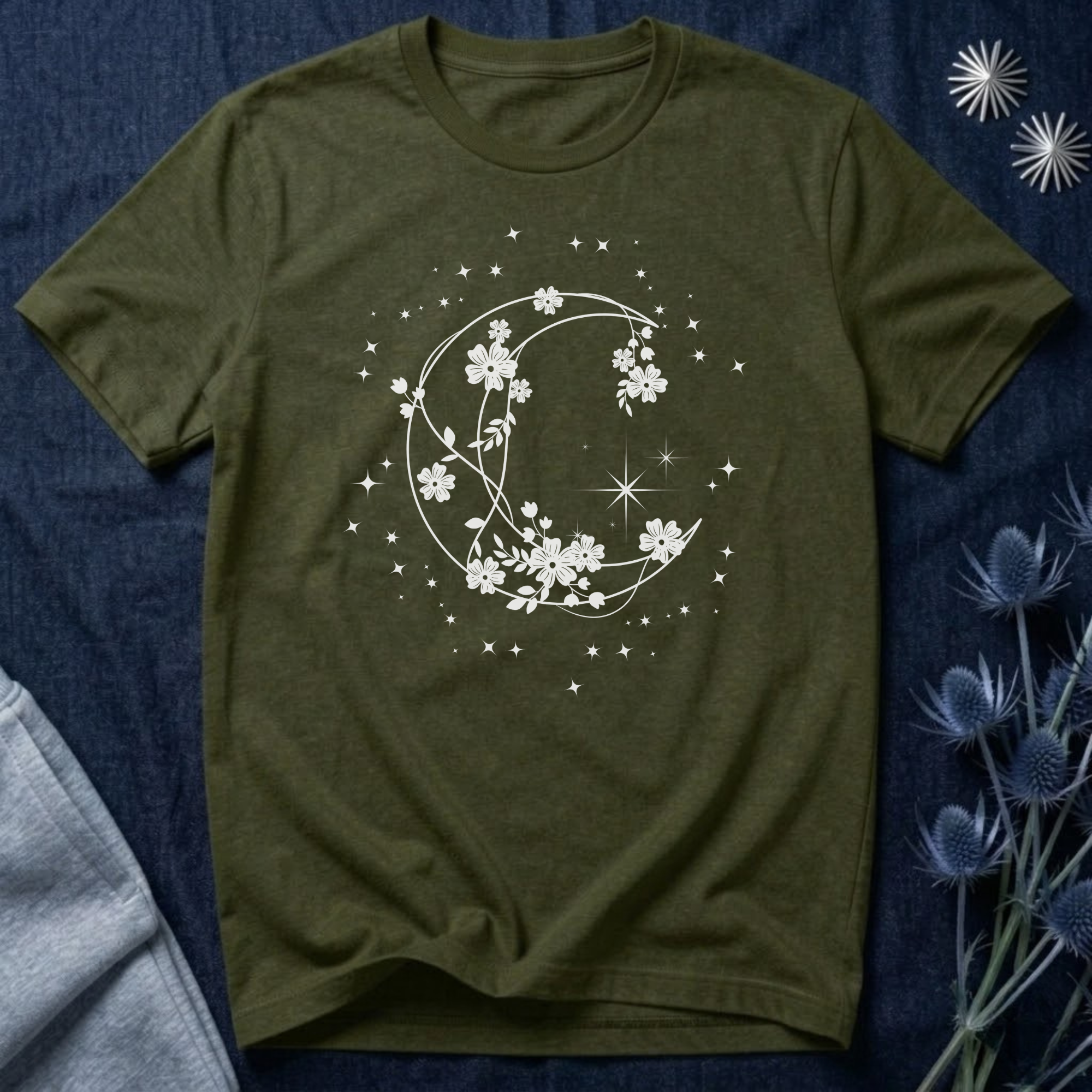 Crescent Moon Stars and Flowers T-Shirt