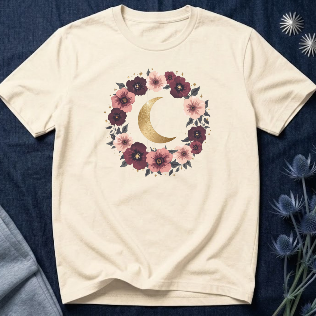 Golden Moon Floral Wreath Graphic T-Shirt