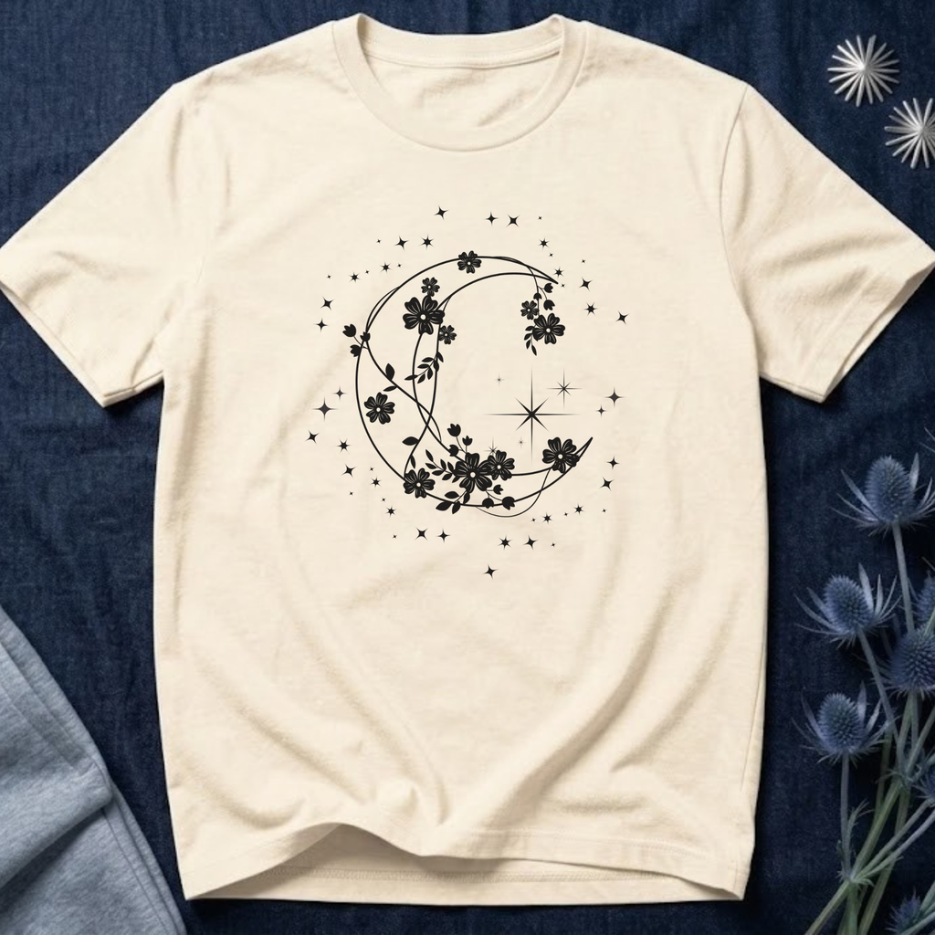Crescent Moon Stars and Flowers T-Shirt