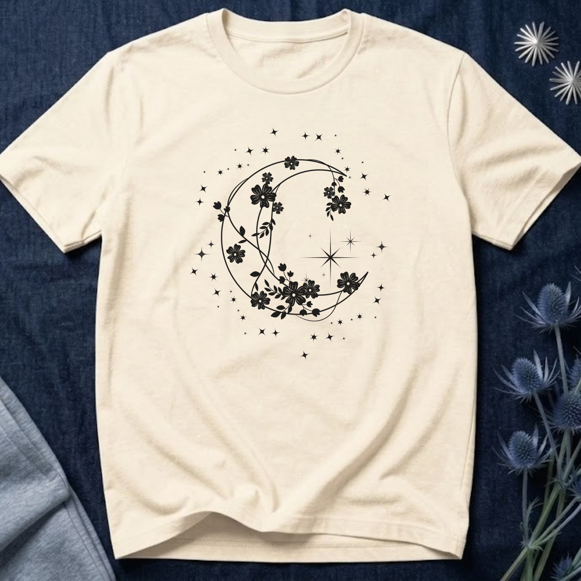 Crescent Moon Stars and Flowers T-Shirt
