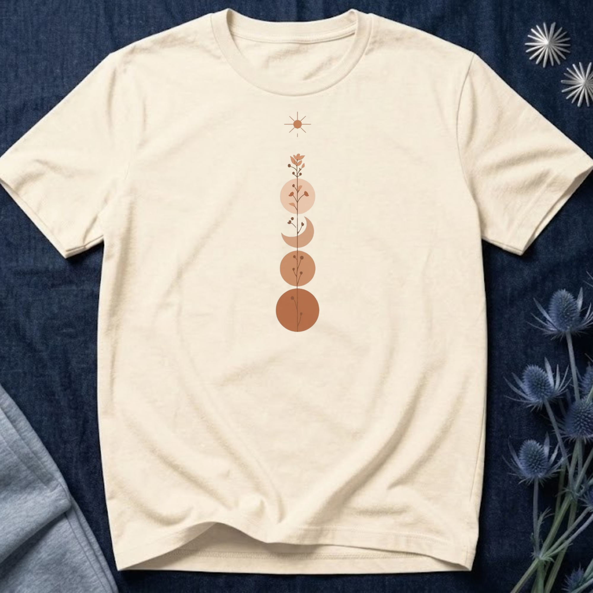 Warm Scandinavian Crescent Moon and Flowers T-Shirt