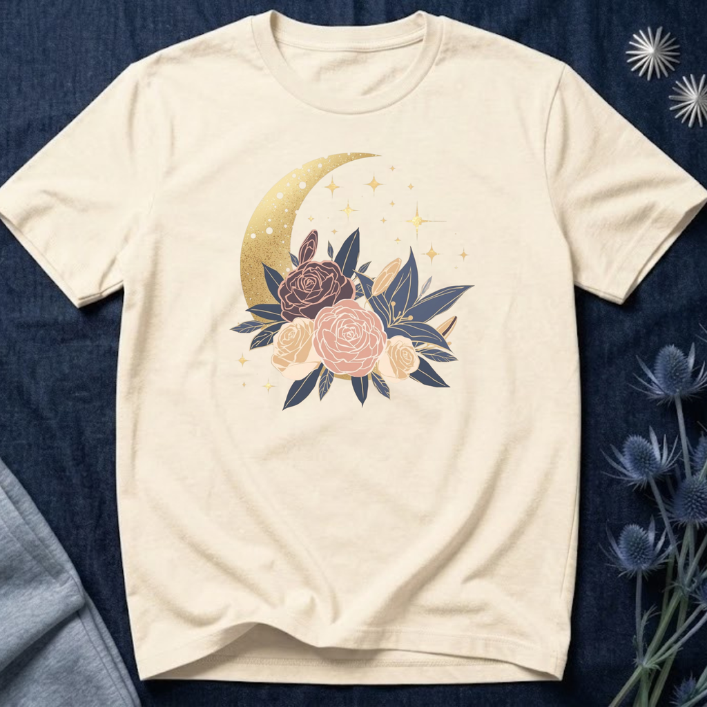 Golden Moon & Roses Celestial Graphic T-Shirt