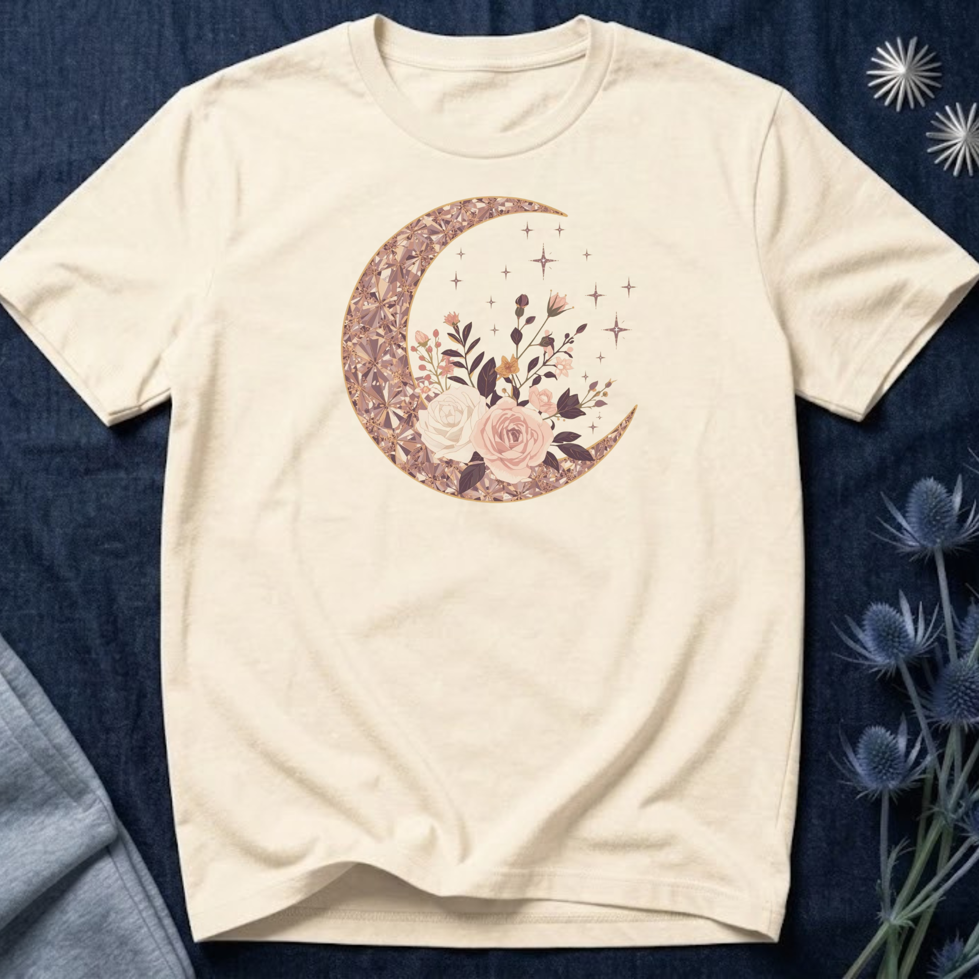 Rose Gold Celestial Moon Floral Graphic T-Shirt