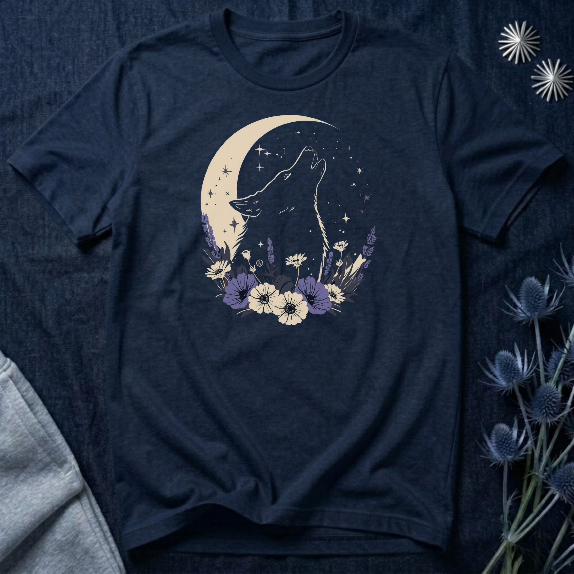 Moonlit Wolf Wildflower Graphic T-Shirt