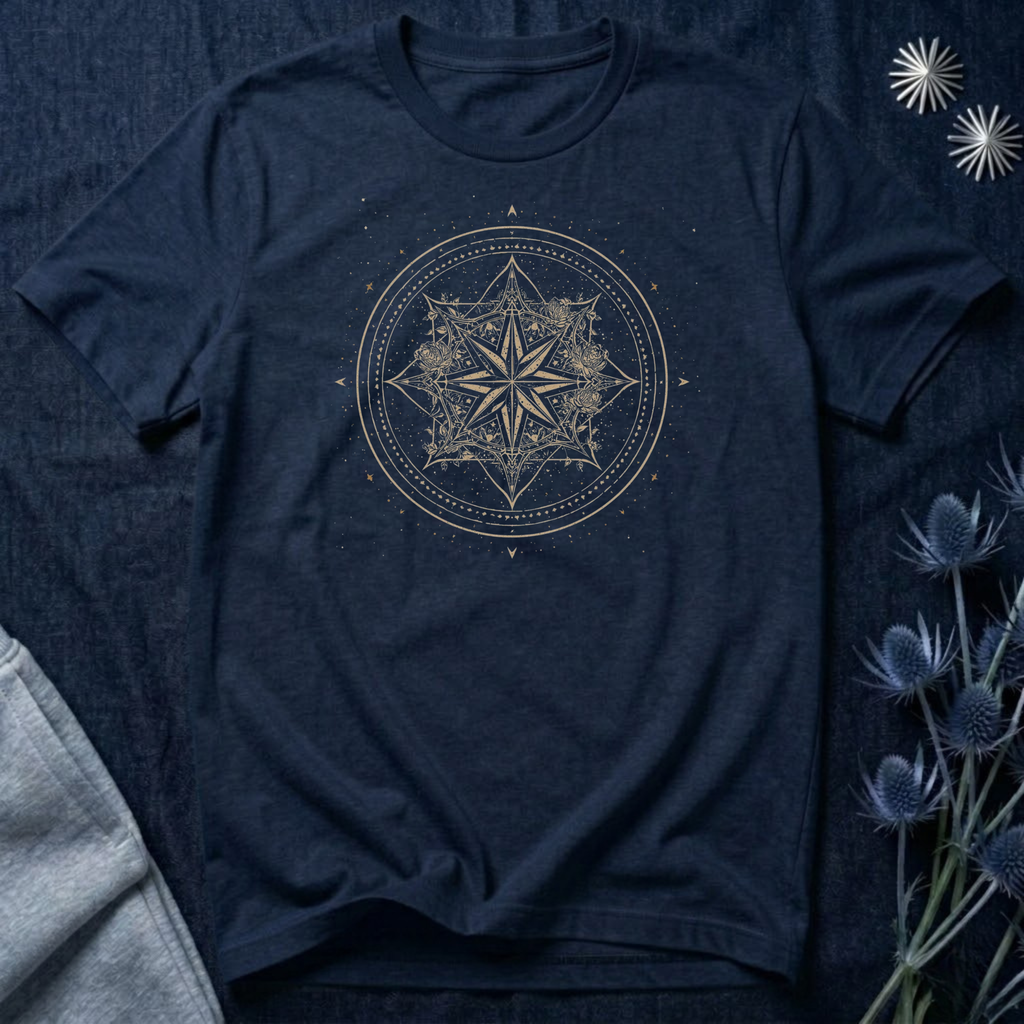 Celestial Compass Rose Floral Mandala Graphic T-Shirt